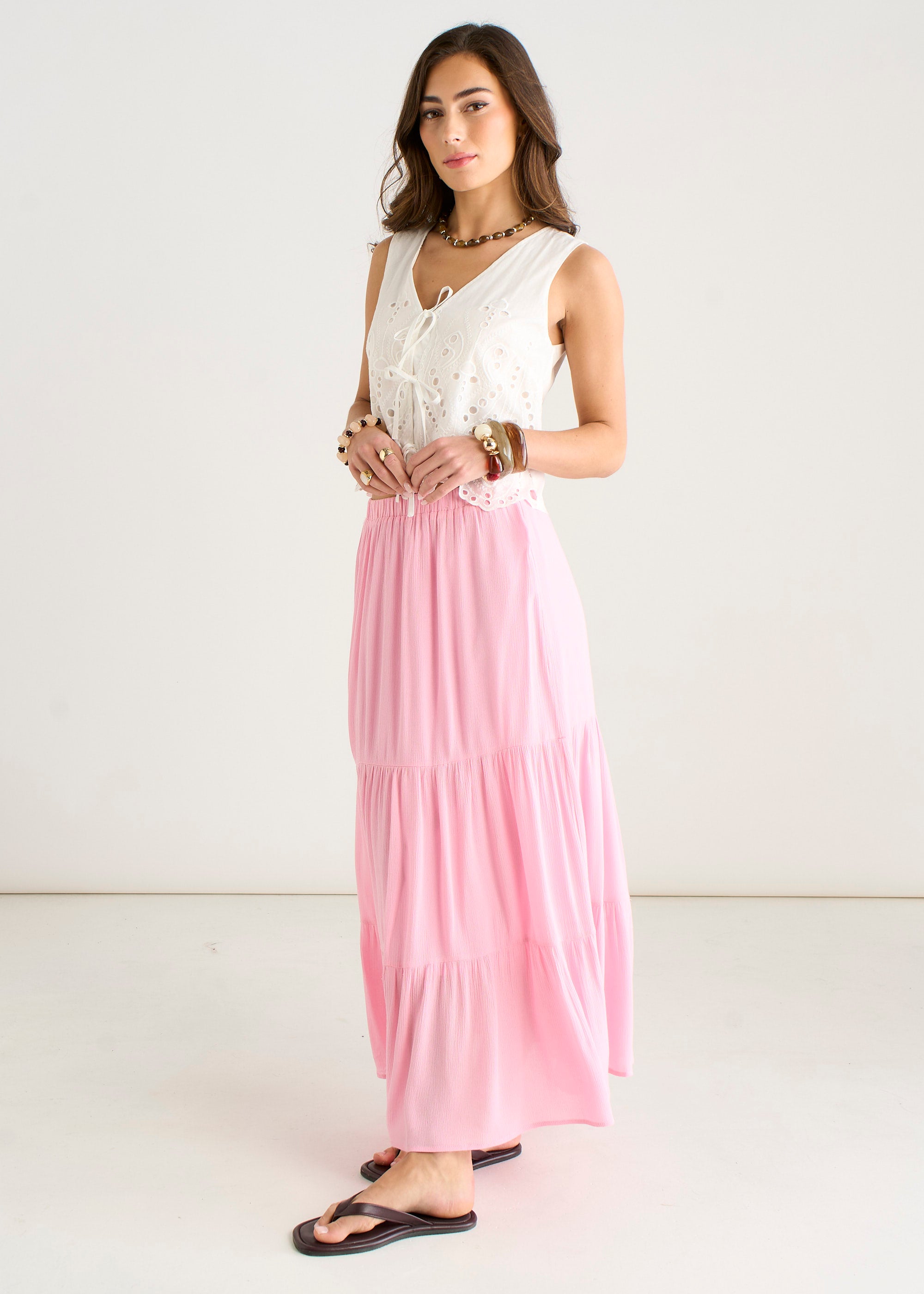 Gini London Pink Viscose Tiered Skater Maxi Skirt