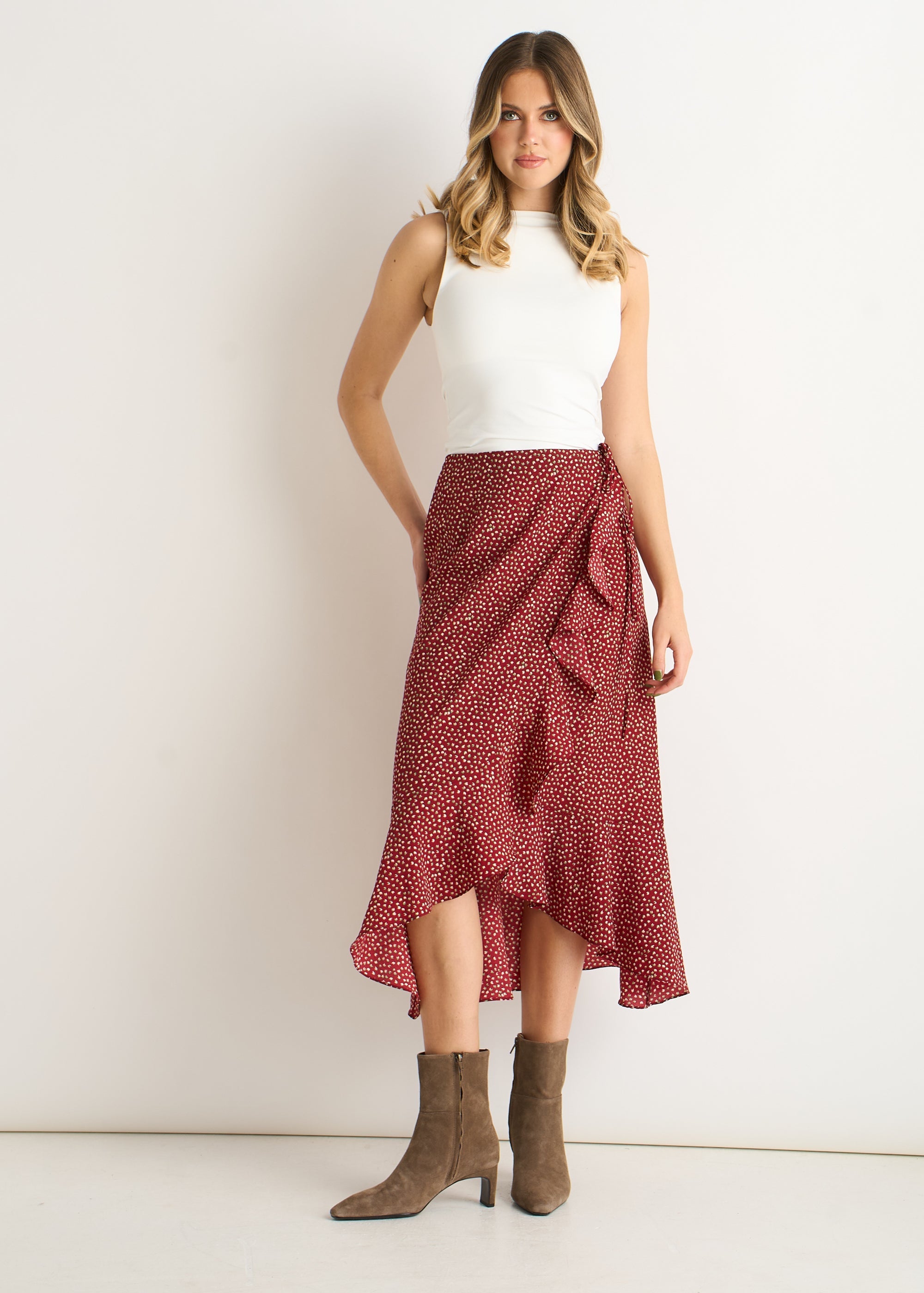 Red Polka Dot Ruffle Midi Skirt