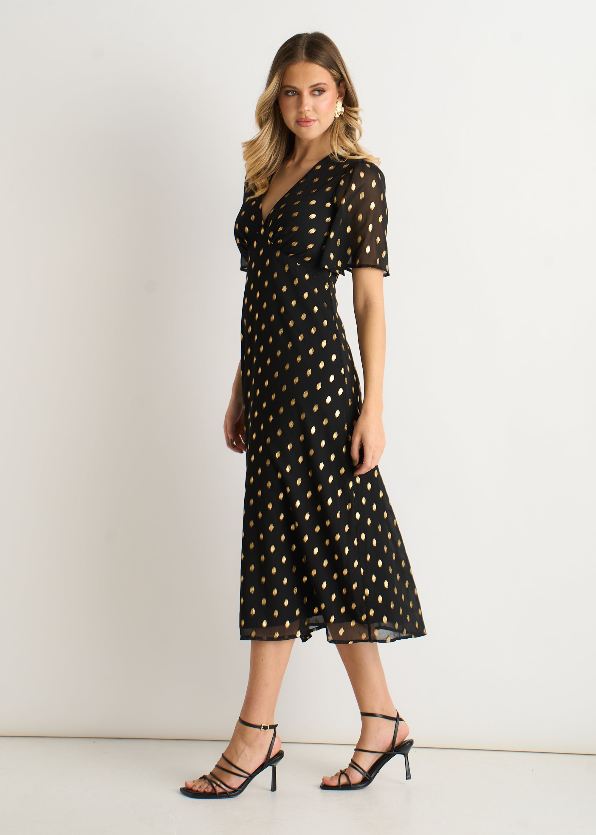 midi skater dresses uk Gini London Black V Neck Foil Midi Skater Dress