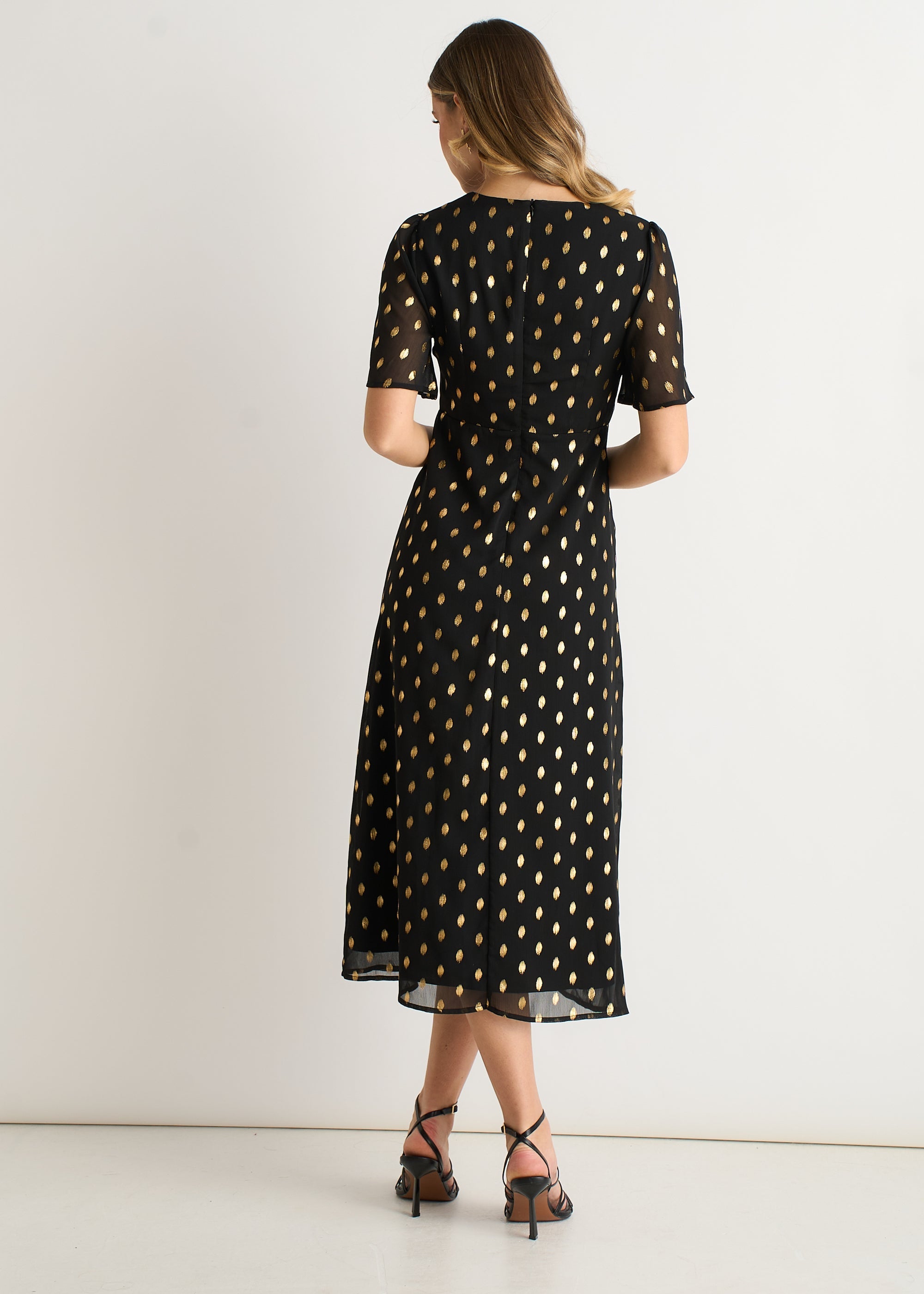 Gini London Black V Neck Foil Midi Skater Dress
