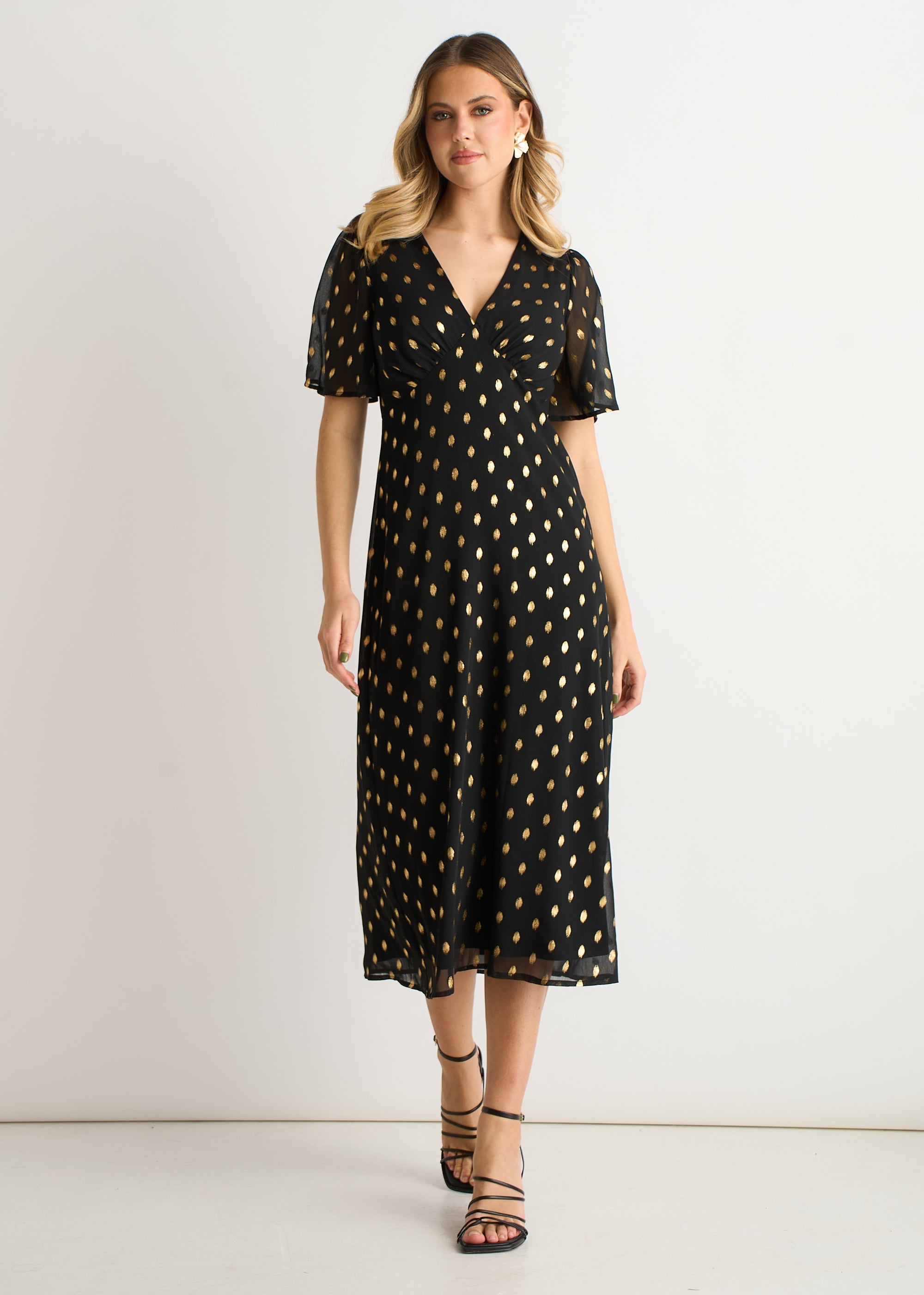Gini London Black V Neck Foil Midi Skater Dress