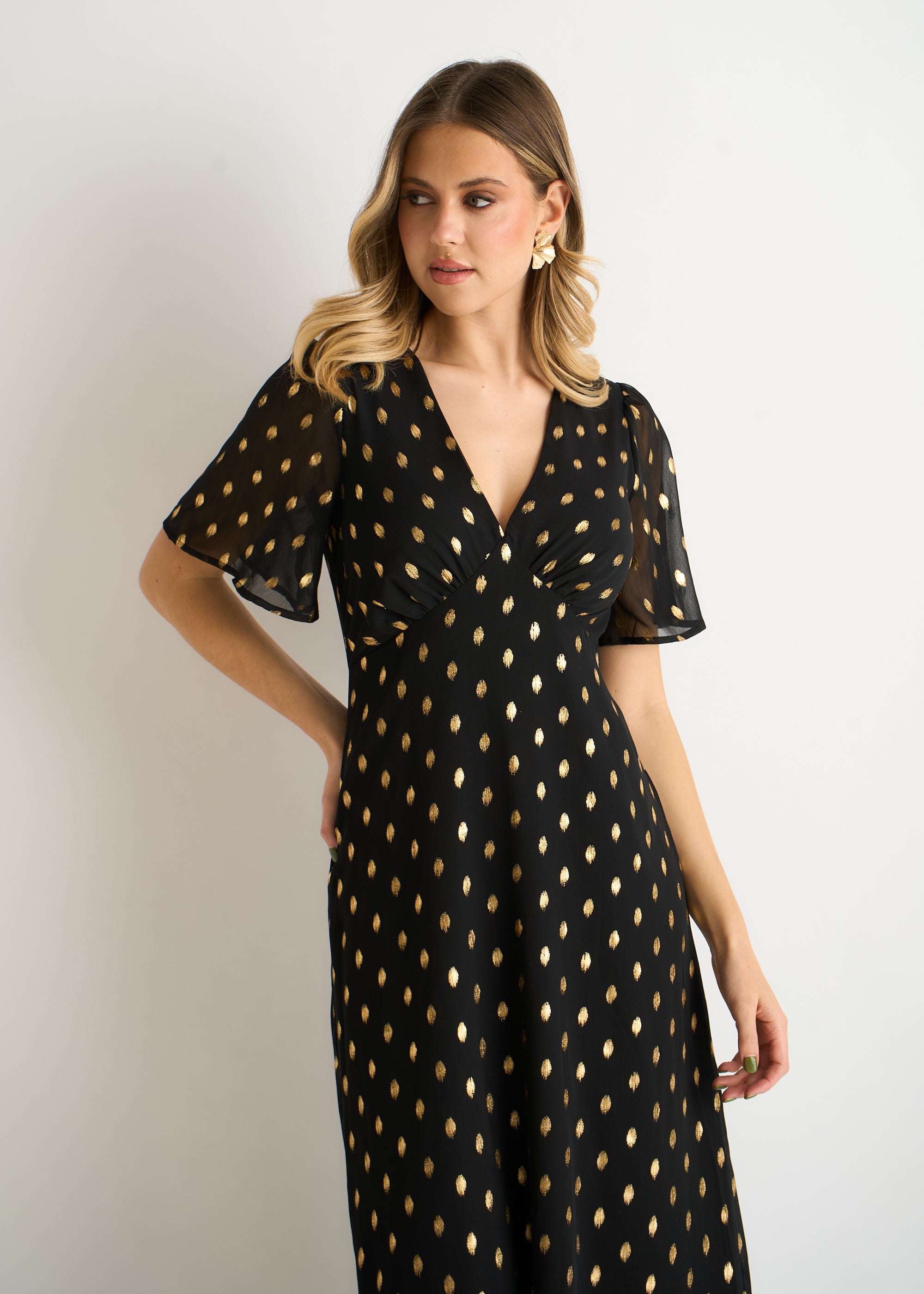 black midi skater dress Gini London Black V Neck Foil Midi Skater Dress