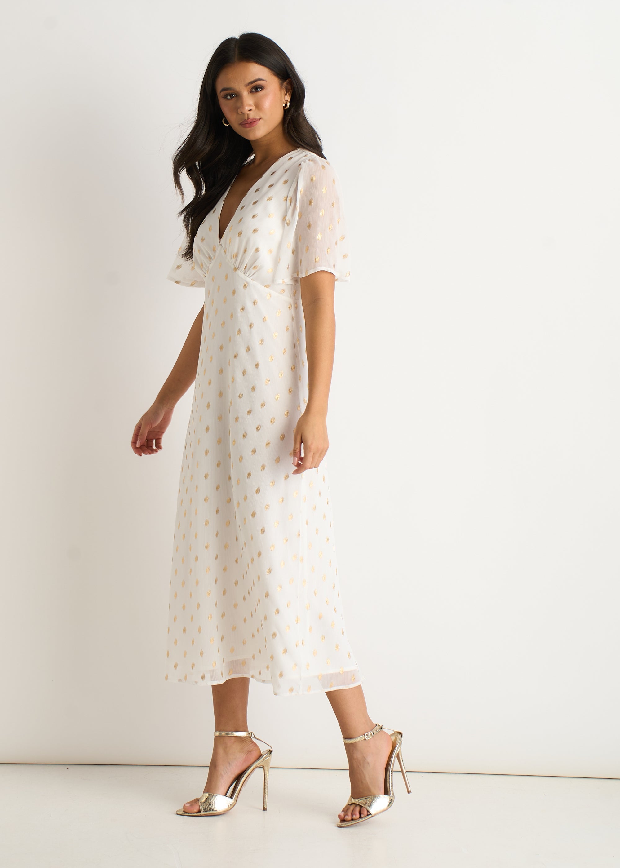 White V Neck Foil Midi Skater Dress