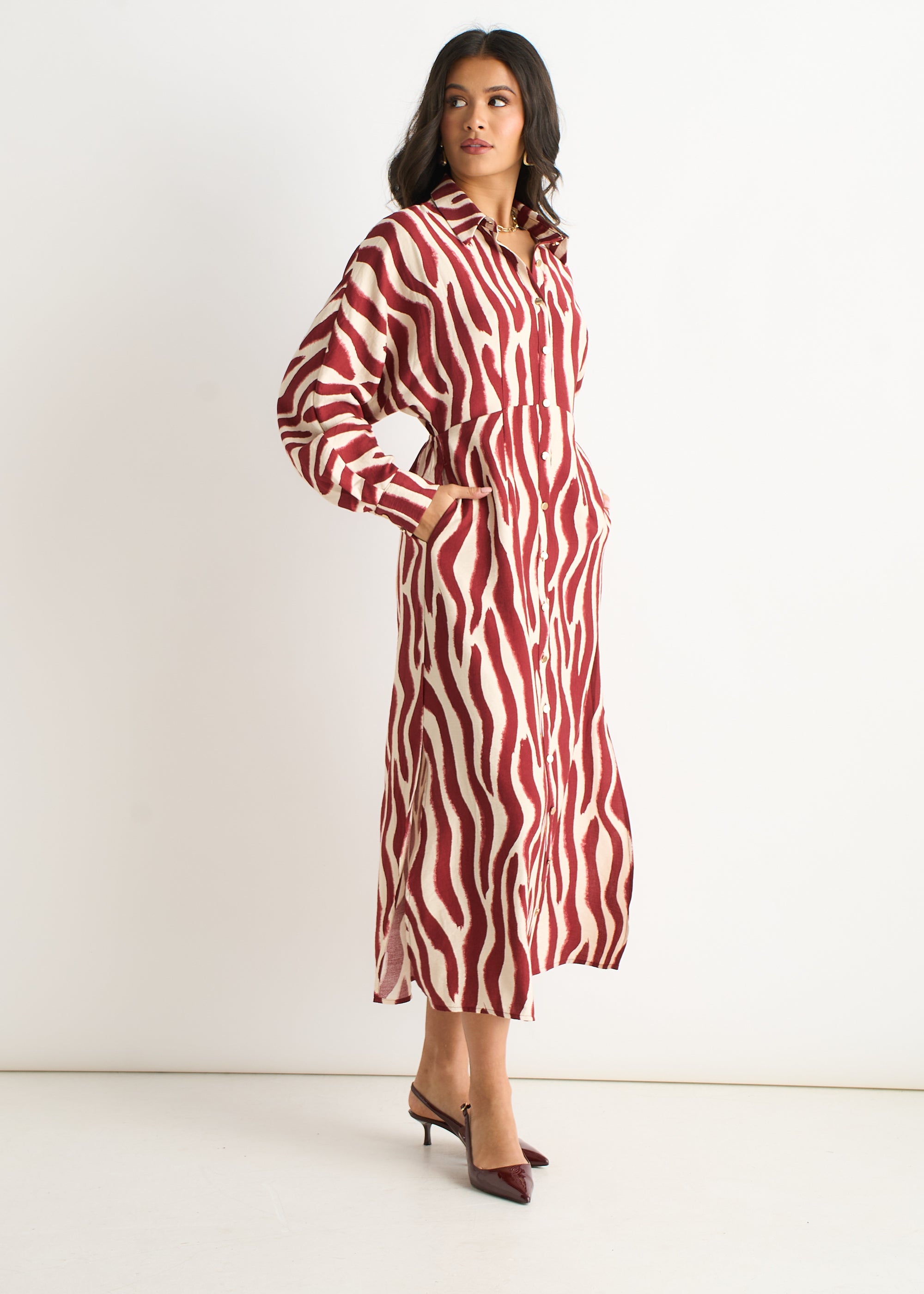 Gini London Burgundy Zebra Print Batwing Sleeve Shirt Dress