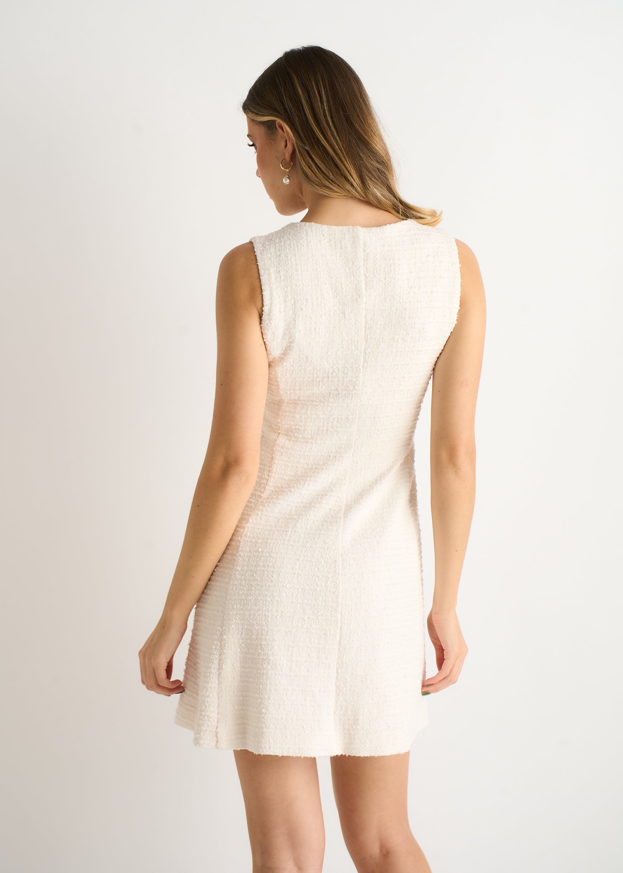 Cream Textured Boucle Button-Front Mini Dress
