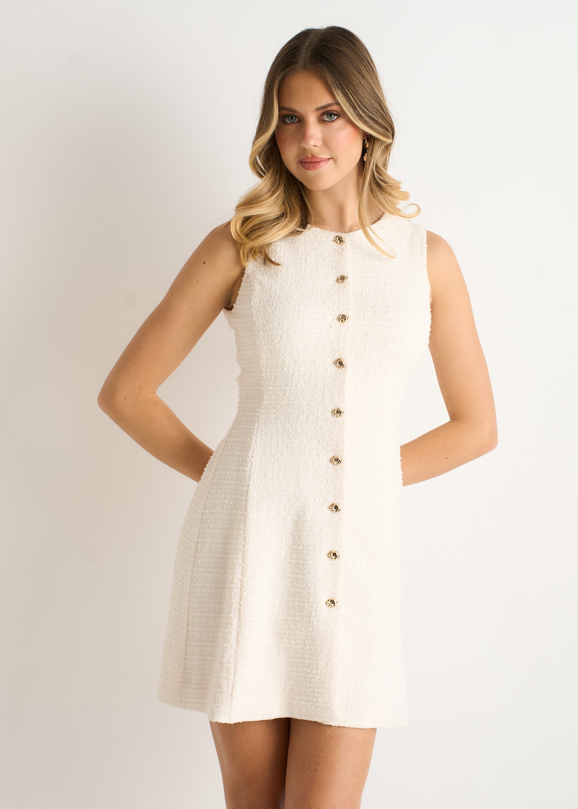 Gini London Cream Textured Boucle Button-Front Mini Dress