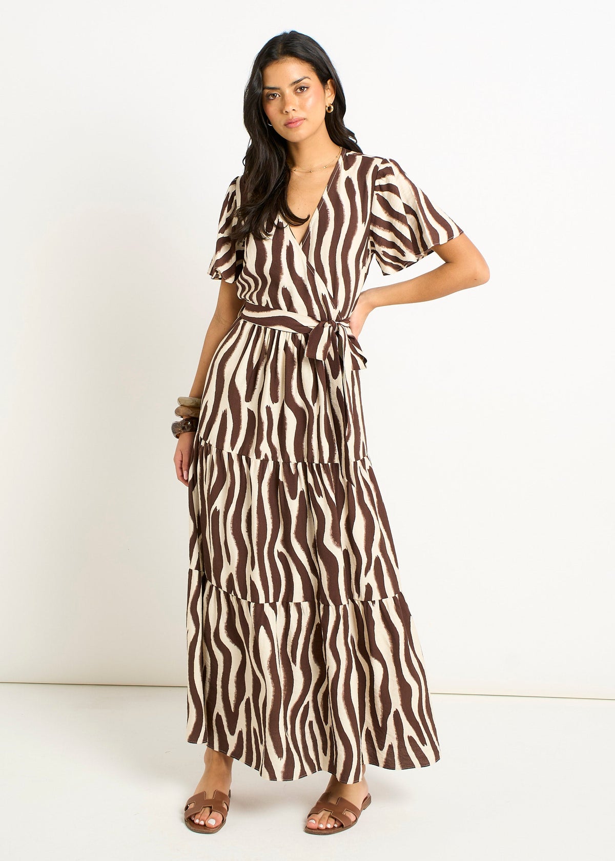 Gini London Chocolate Zebra Print Wrap Midi Dres