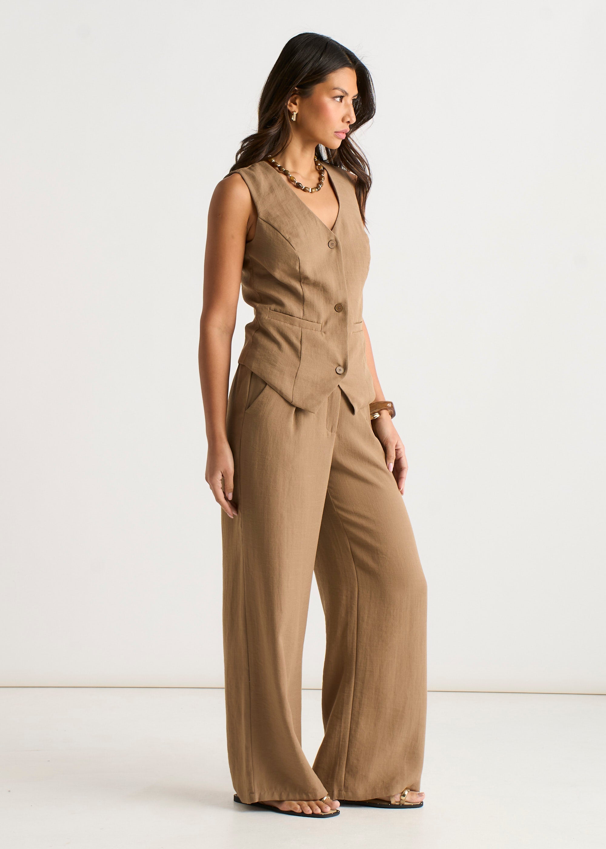 Gini London Camel Tailored Wide Leg Trousers