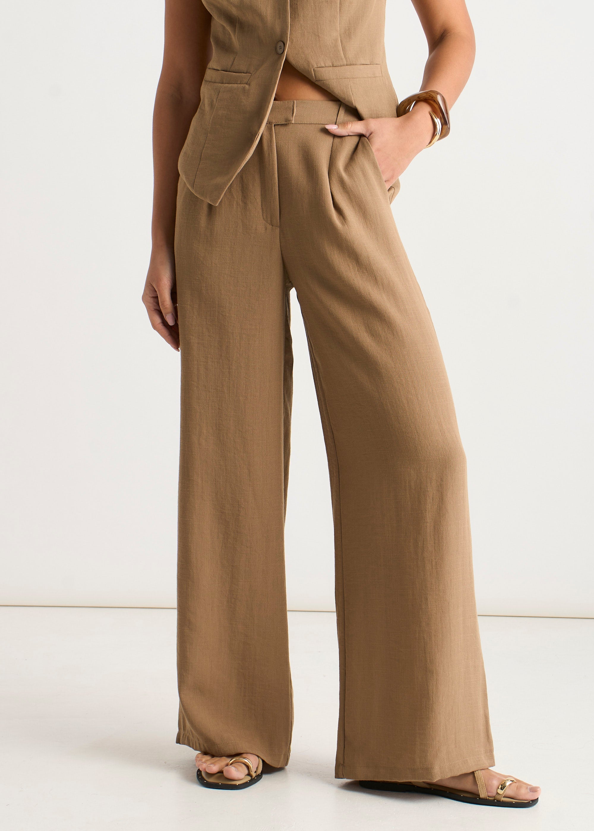 Gini London Camel Tailored Wide Leg Trousers