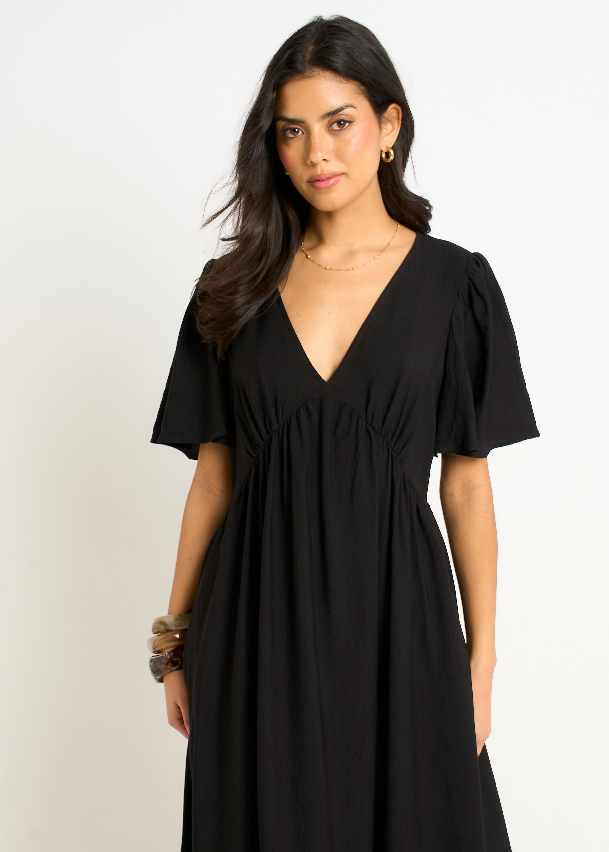Gini London Black V Neck Angel Sleeves Skater Maxi Dress