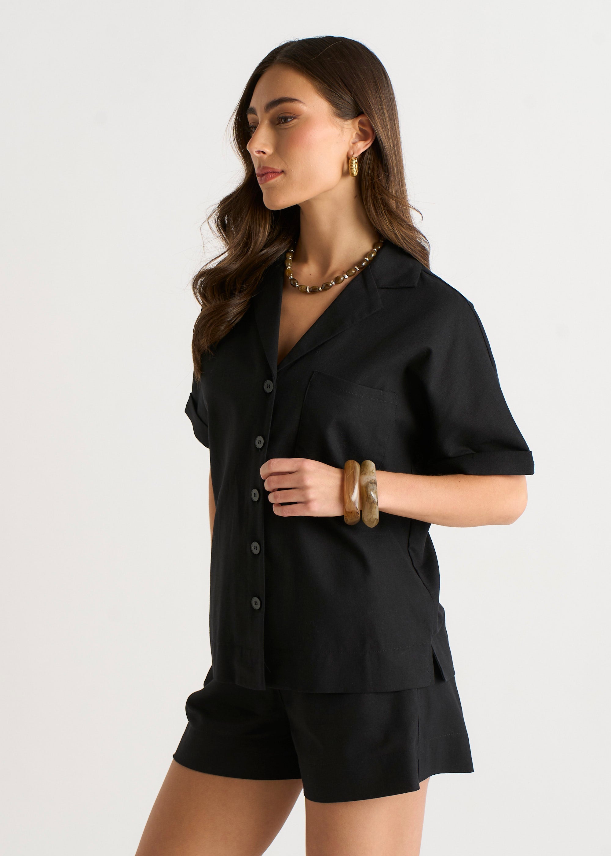 Gini London Black Linen Mix Oversized Button Through Shirt