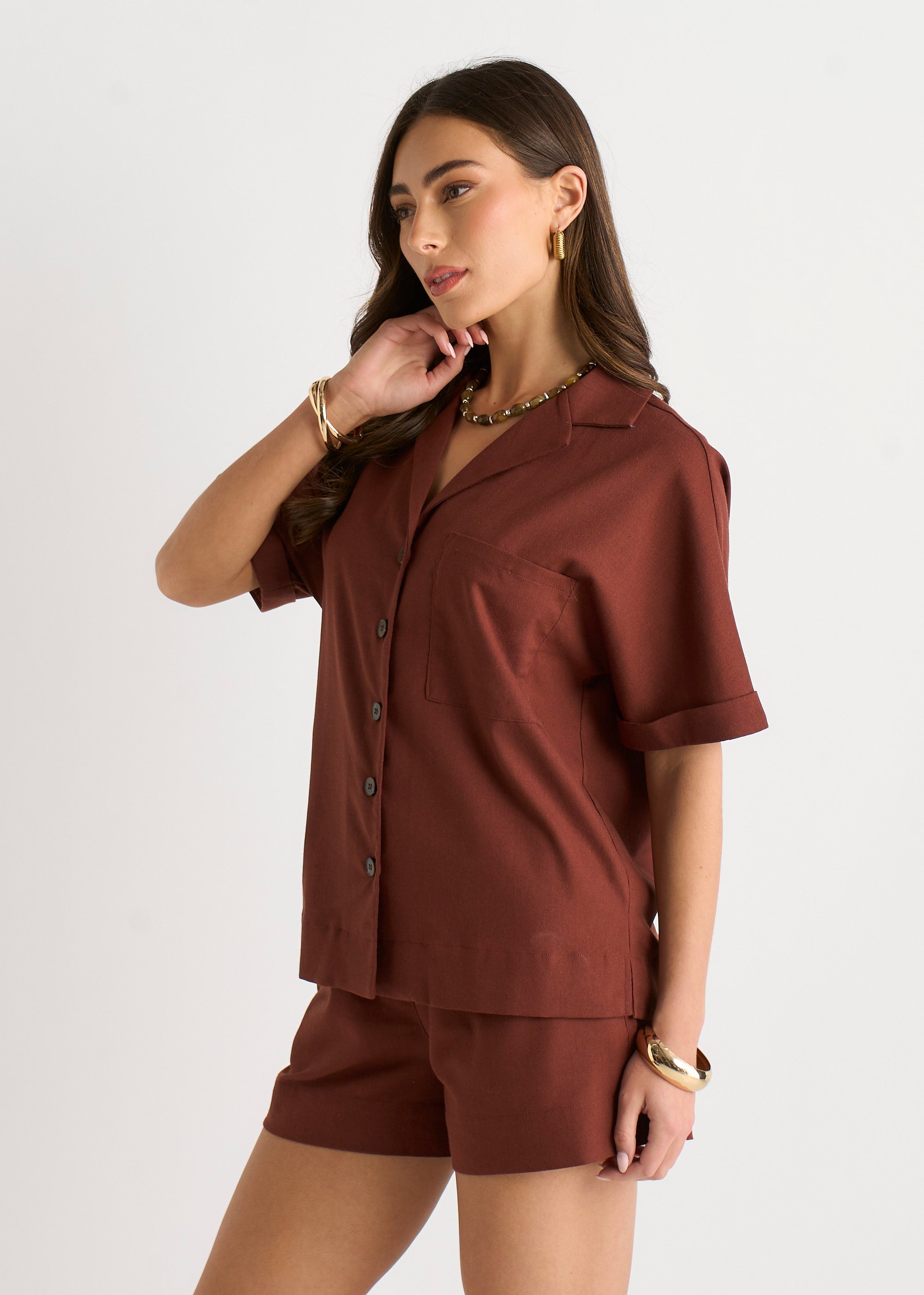 Gini London Chocolate Linen Mix Oversized Button Through Shirt