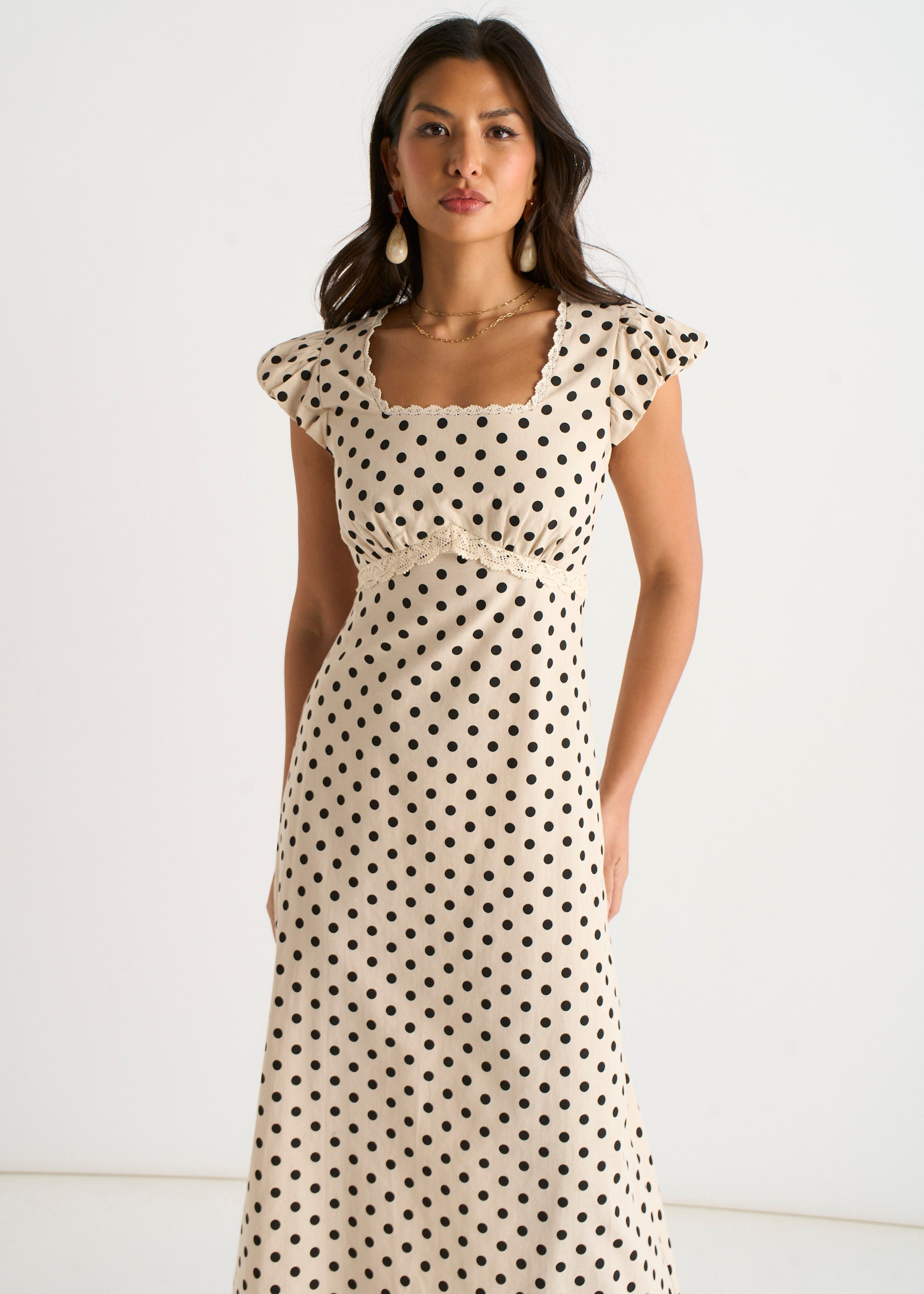 Gini London Cream Cotton Spot Print Lace Trim Midi Dress