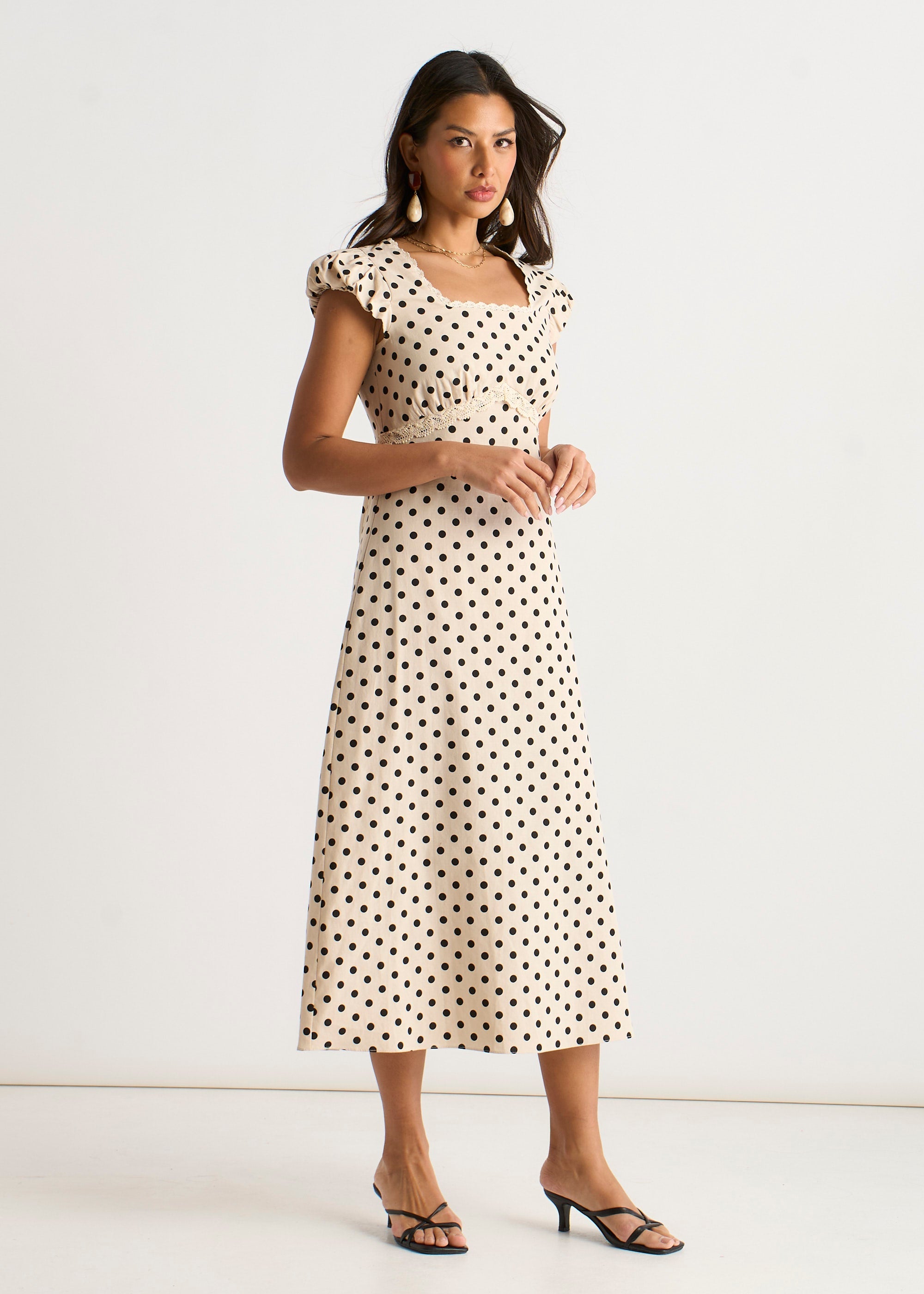 Gini London Cream Cotton Spot Print Lace Trim Midi Dress