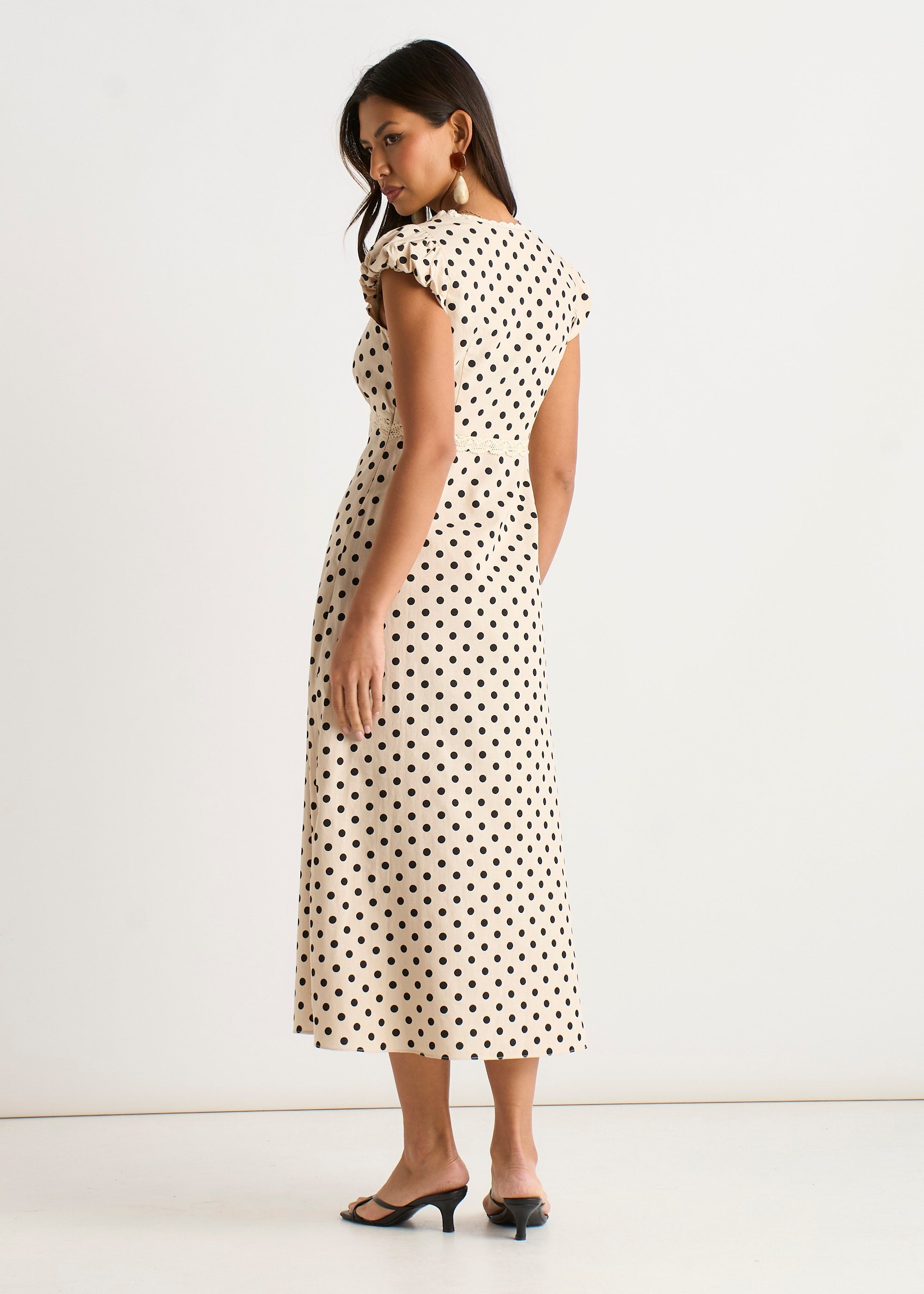 Gini London Cream Cotton Spot Print Lace Trim Midi Dress