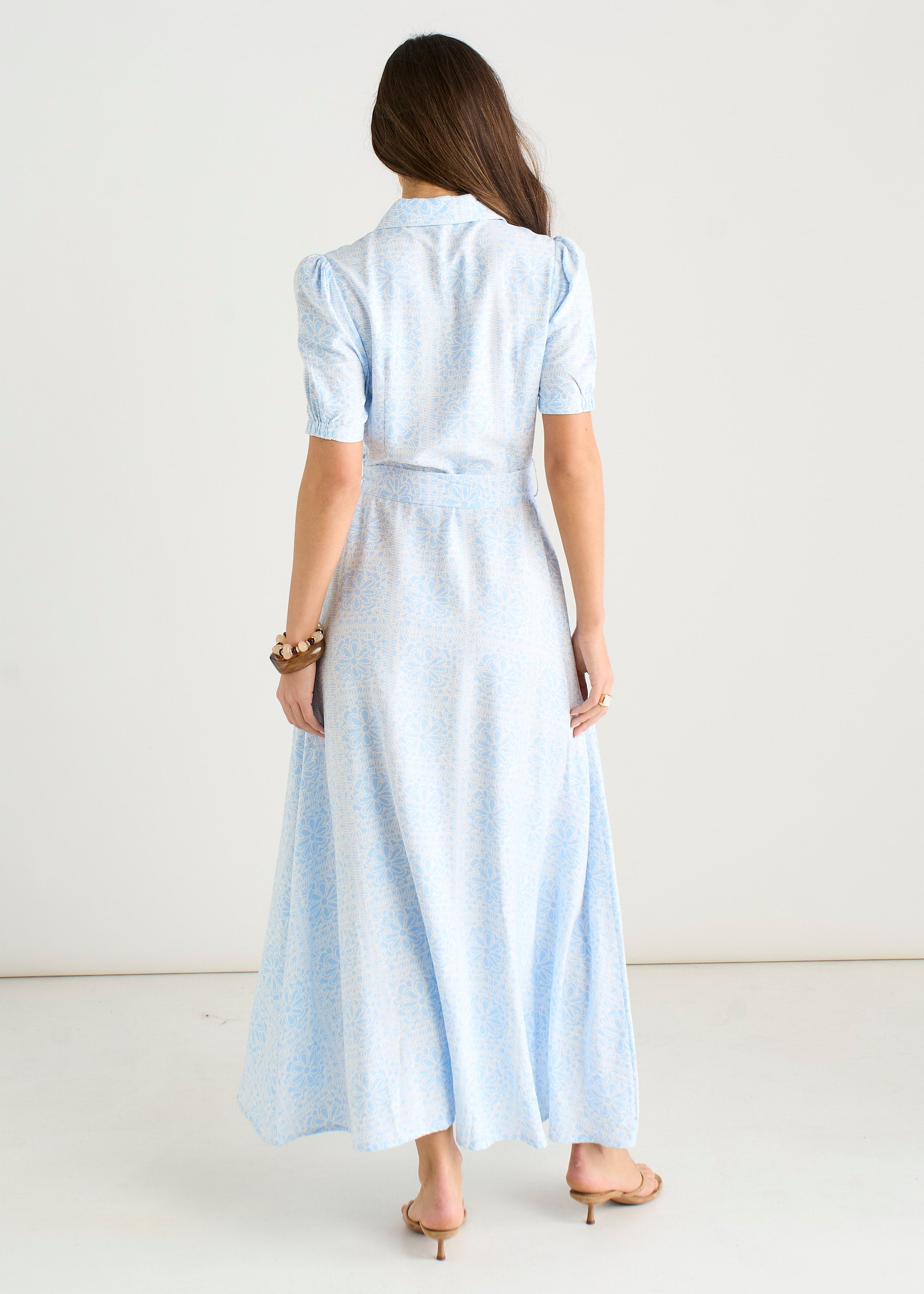 Gini London Cotton Mix Blue Tile Print Button Through Maxi Shirt Dress