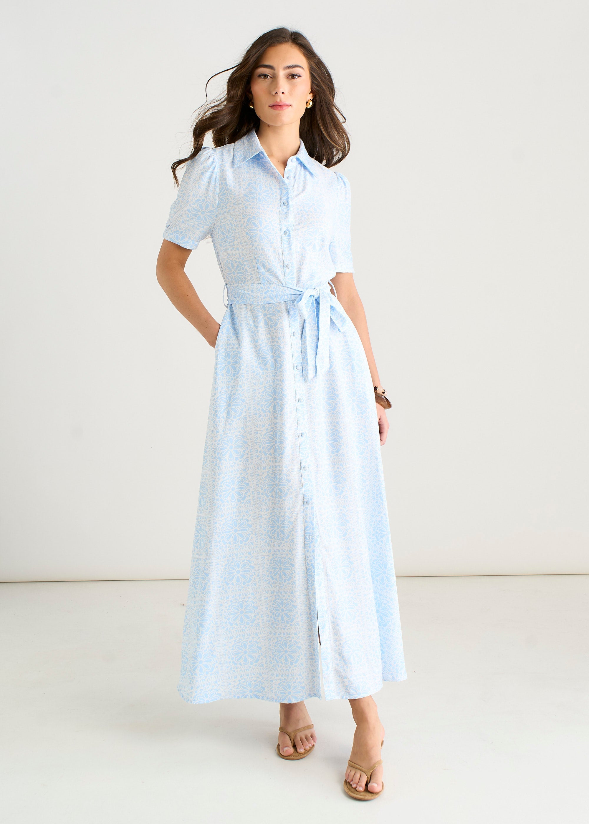 Gini London Cotton Mix Blue Tile Print Button Through Maxi Shirt Dress