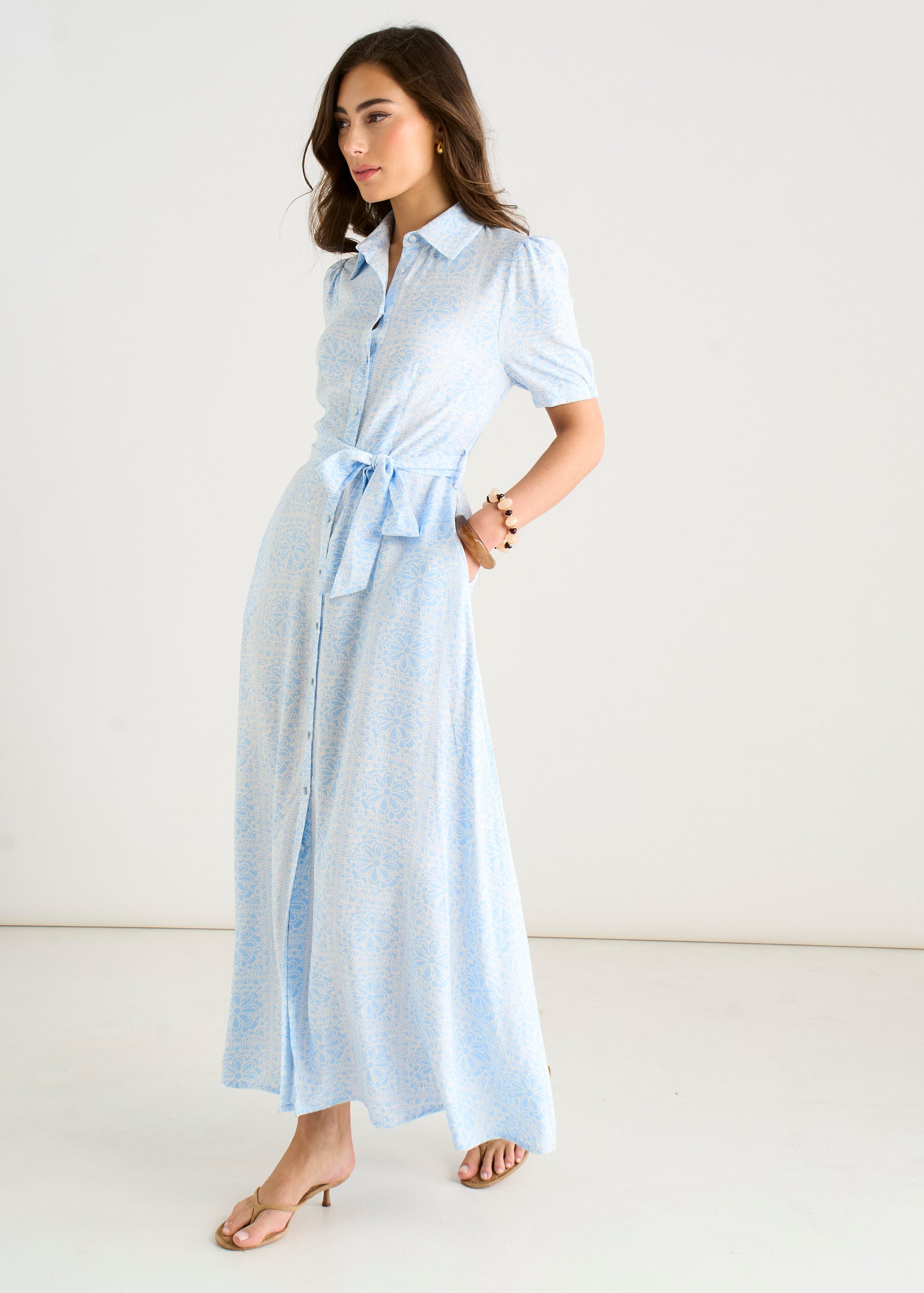 Gini London Cotton Mix Blue Tile Print Button Through Maxi Shirt Dress