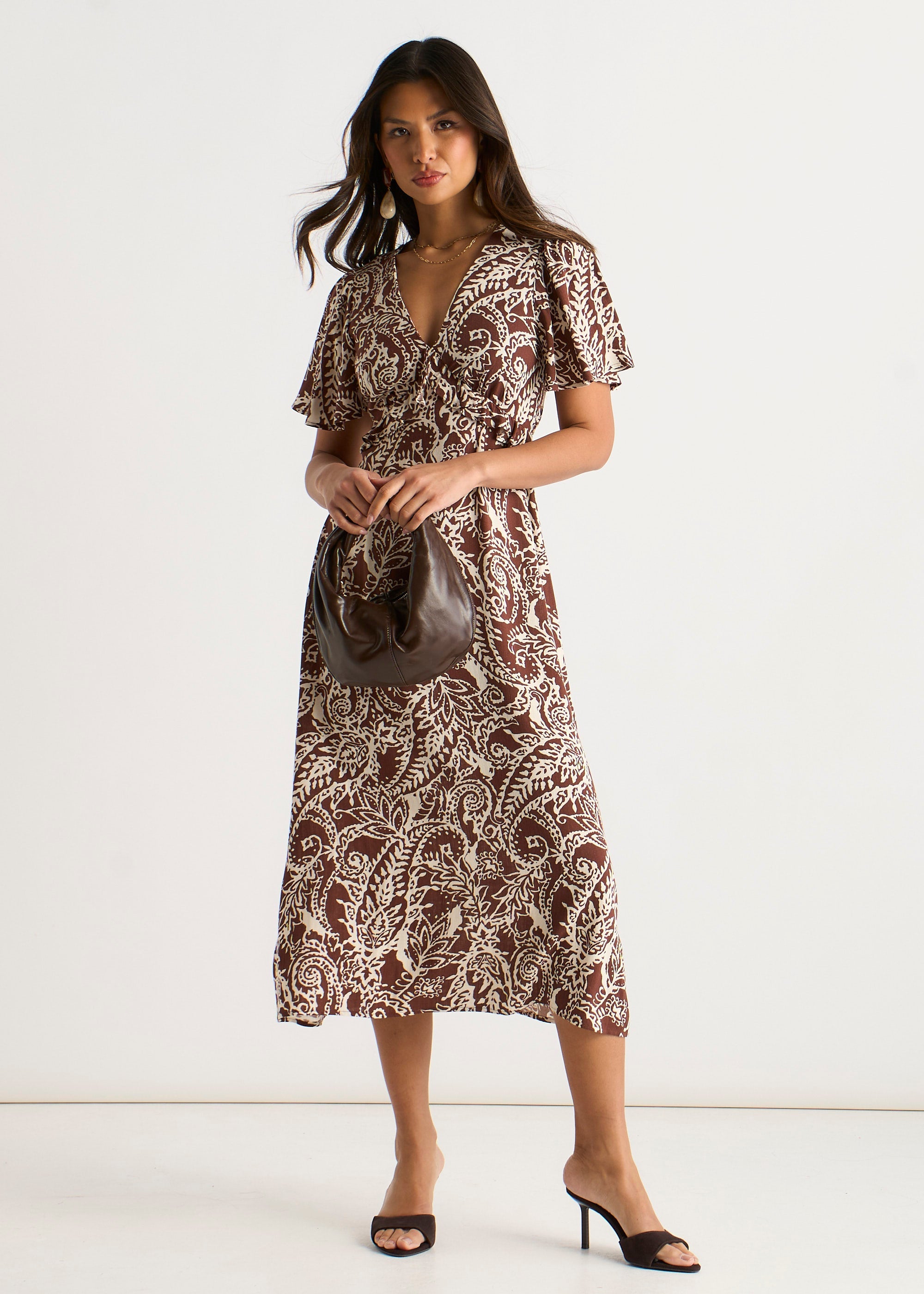 Gini London Chocolate Paisley Print Ruffle Midi Dress