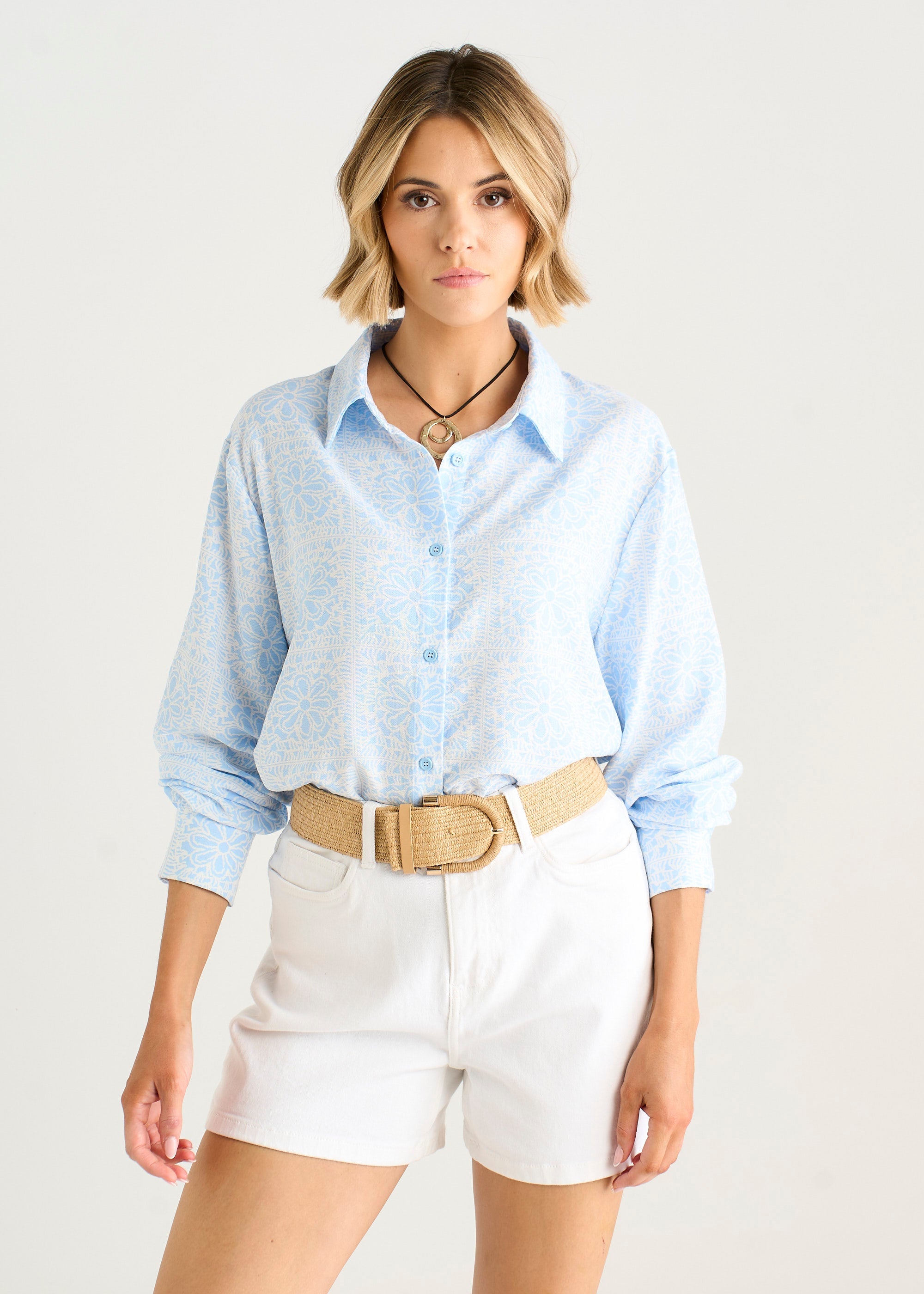 Gini London Cotton Mix Blue Tile Print Button-Through Shirt