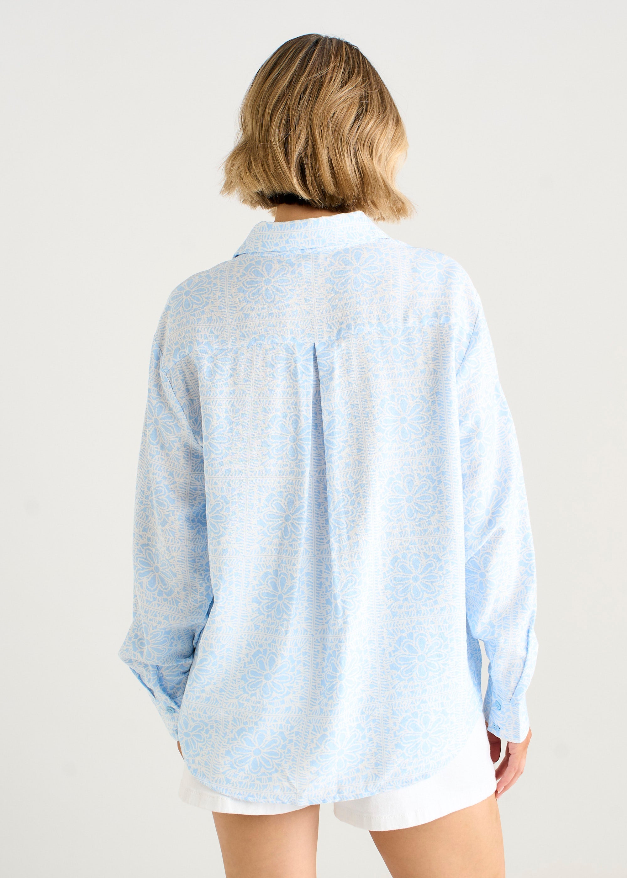 Gini London Cotton Mix Blue Tile Print Button-Through Shirt