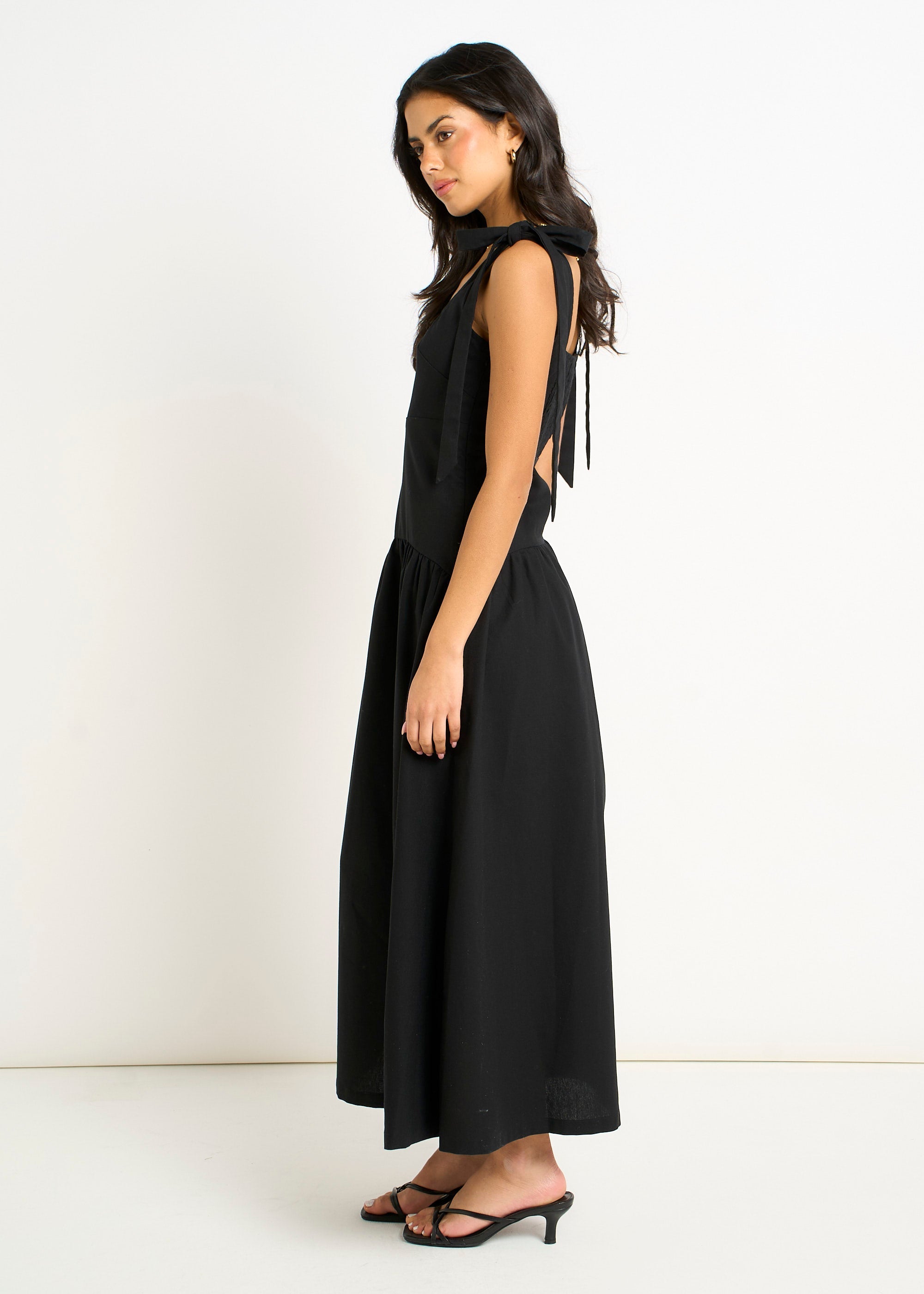 Gini London Black Linen Mix Drop Waist Midi Dress
