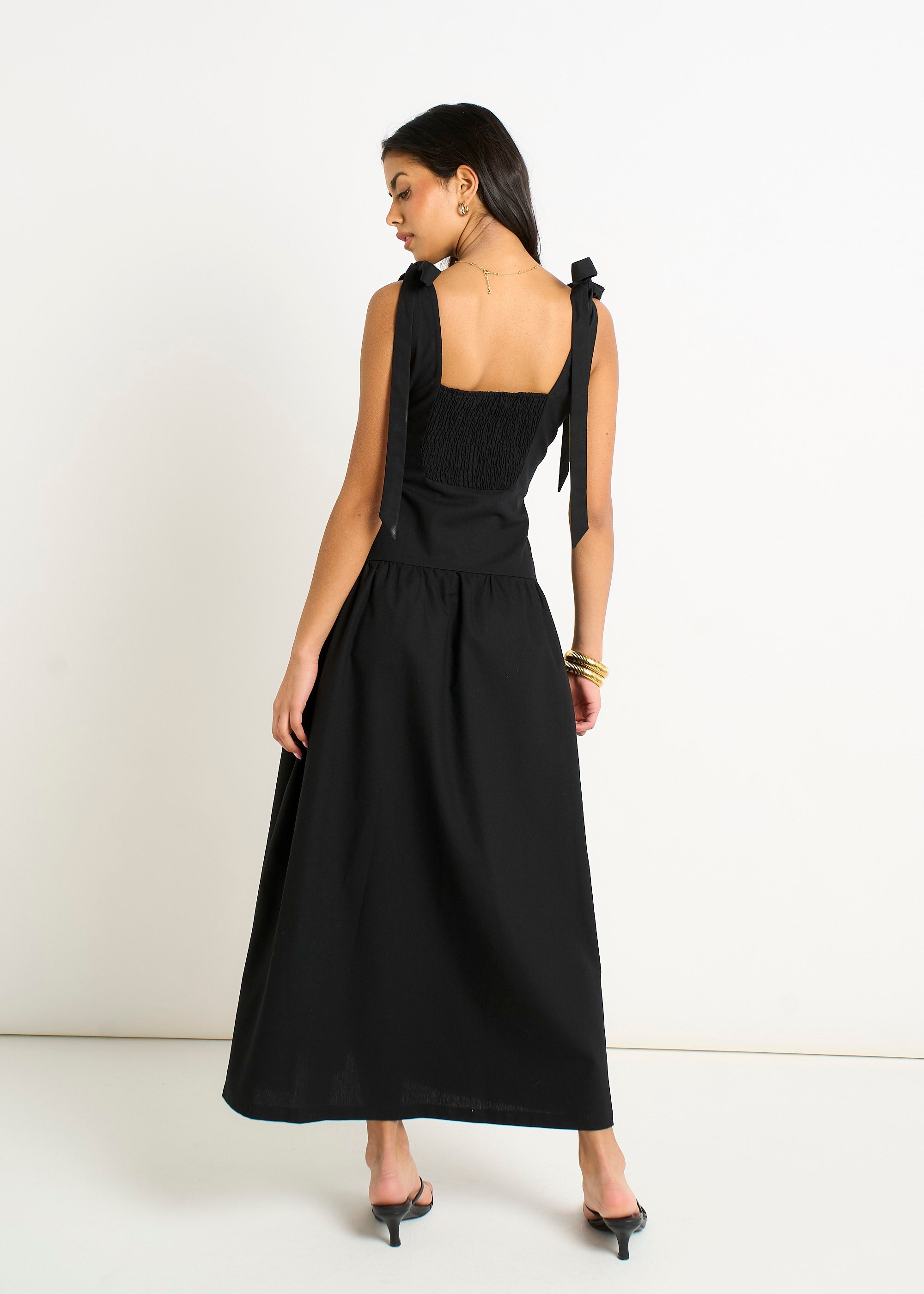 Gini London Black Linen Mix Drop Waist Midi Dress