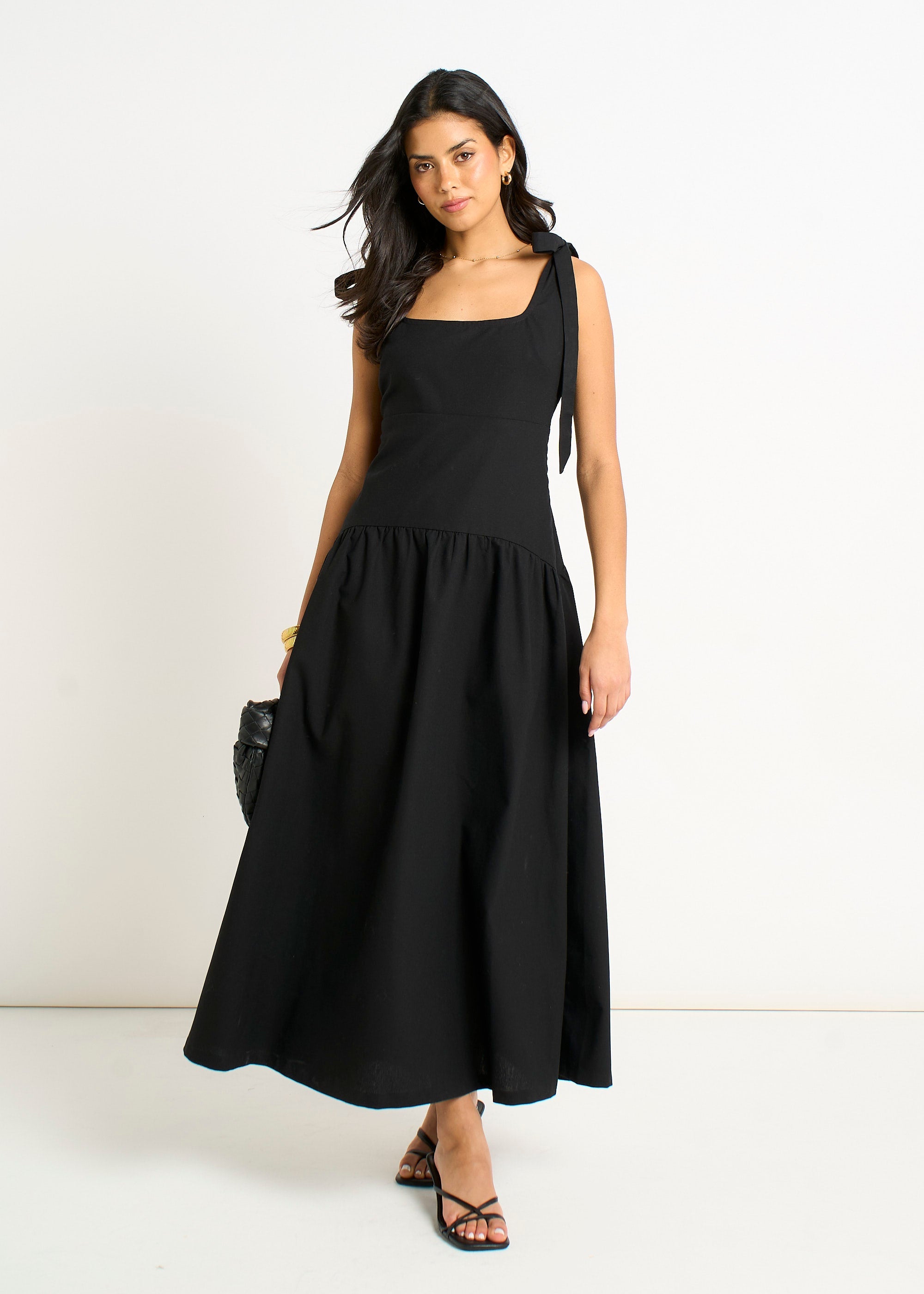 Gini London Black Linen Mix Drop Waist Midi Dress