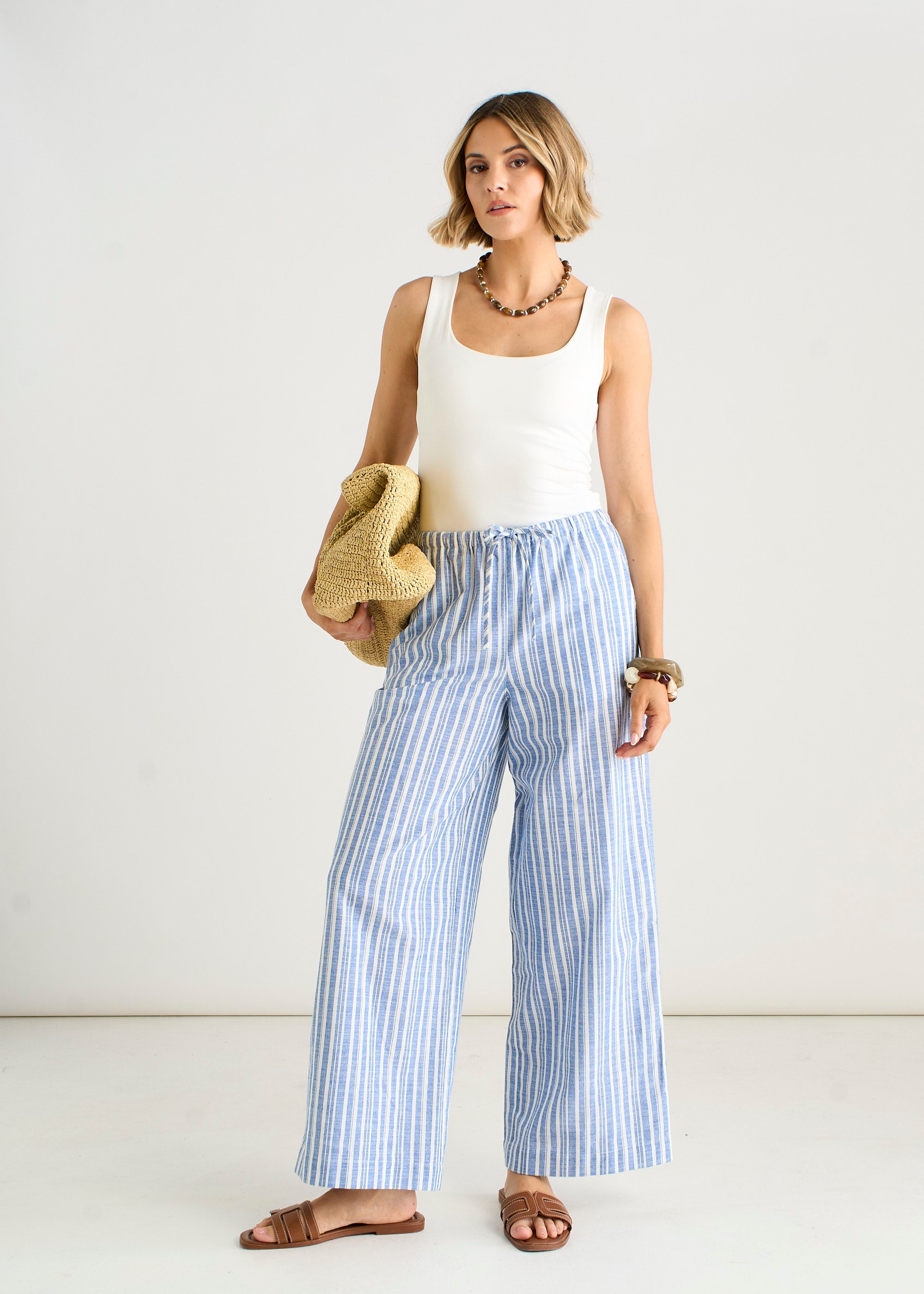 Gini London Blue Linen Mix Stripe Trousers