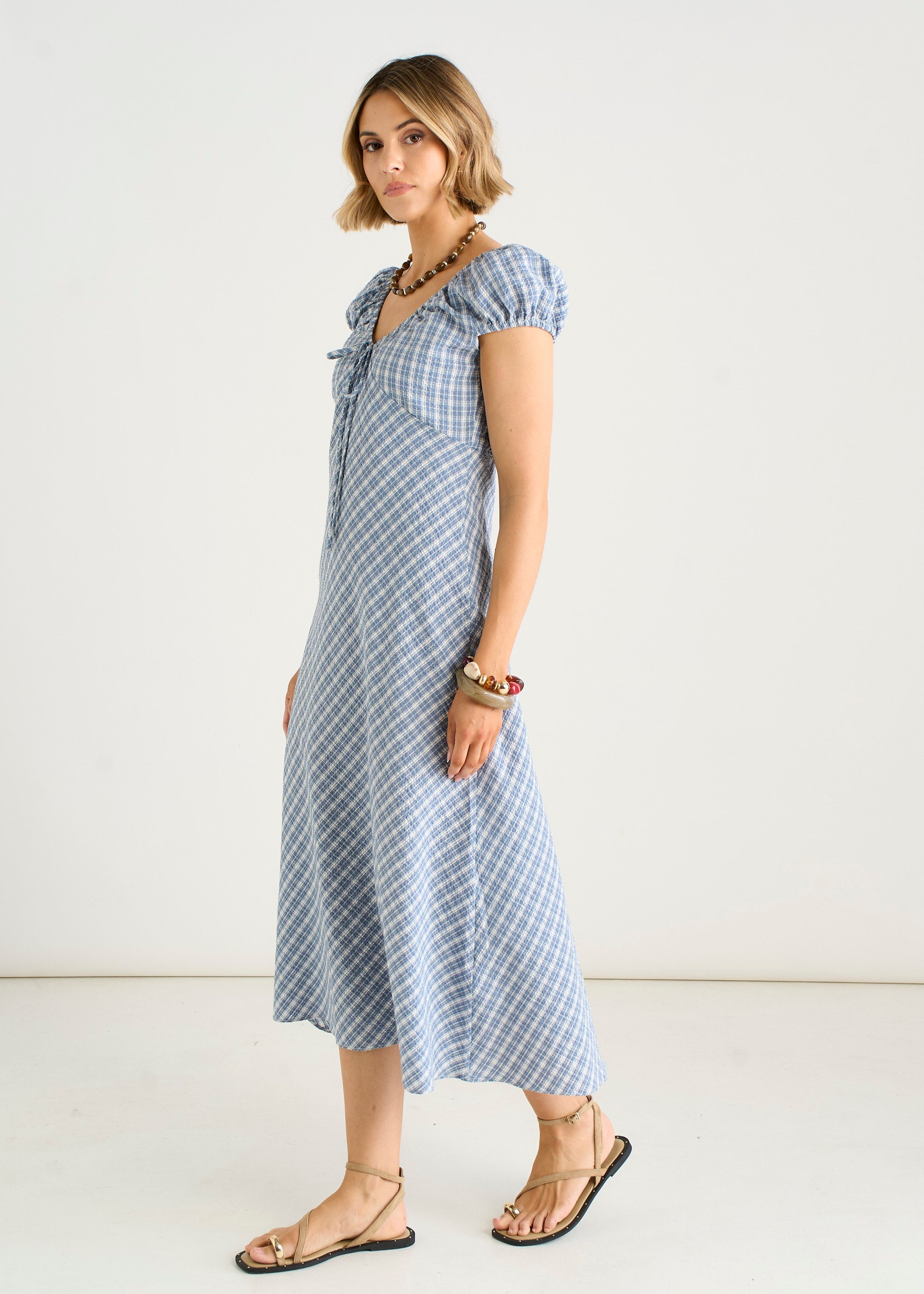 Gini London Blue V Neck Textured Gingham Midi Dress