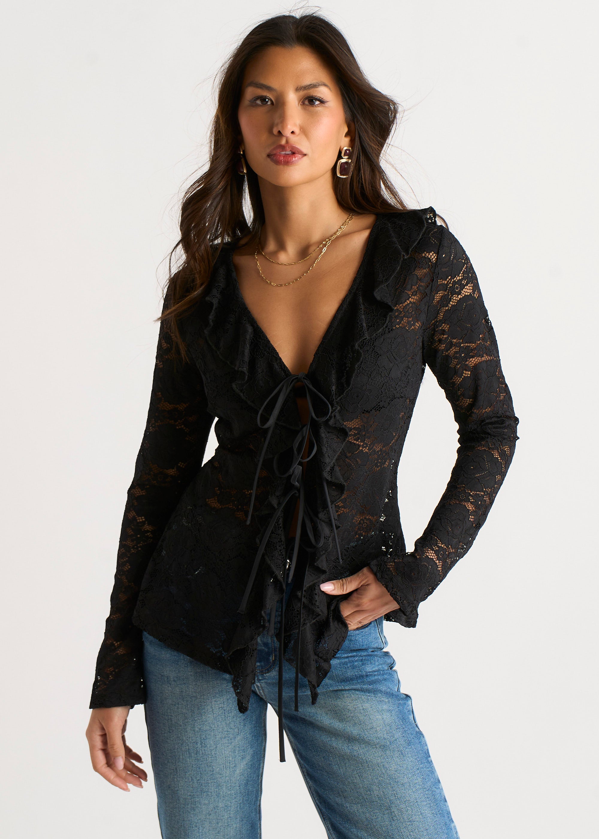 Gini London Black Jersey Lace Ruffle Tie Front Blouse