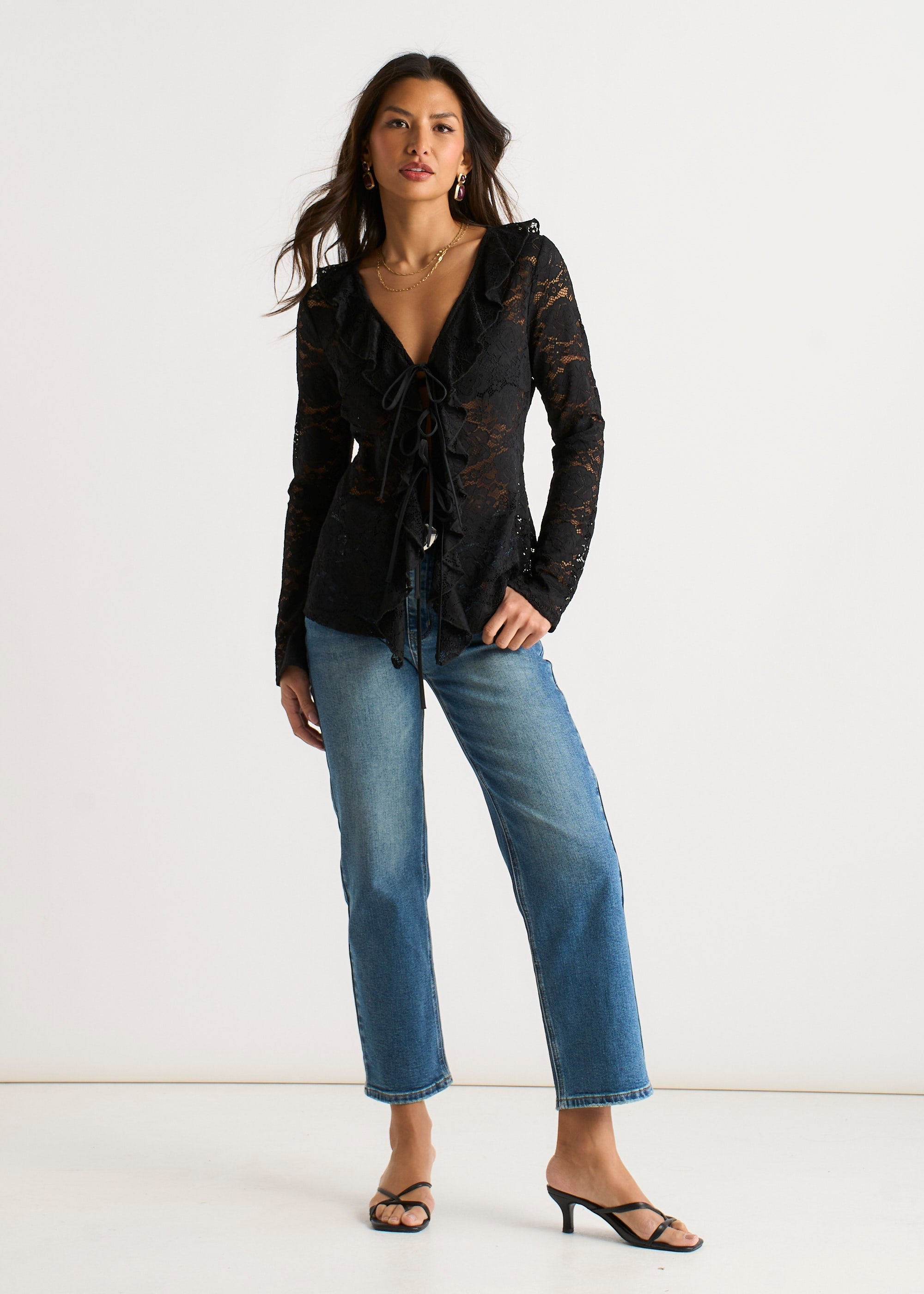 Gini London Black Jersey Lace Ruffle Tie Front Blouse