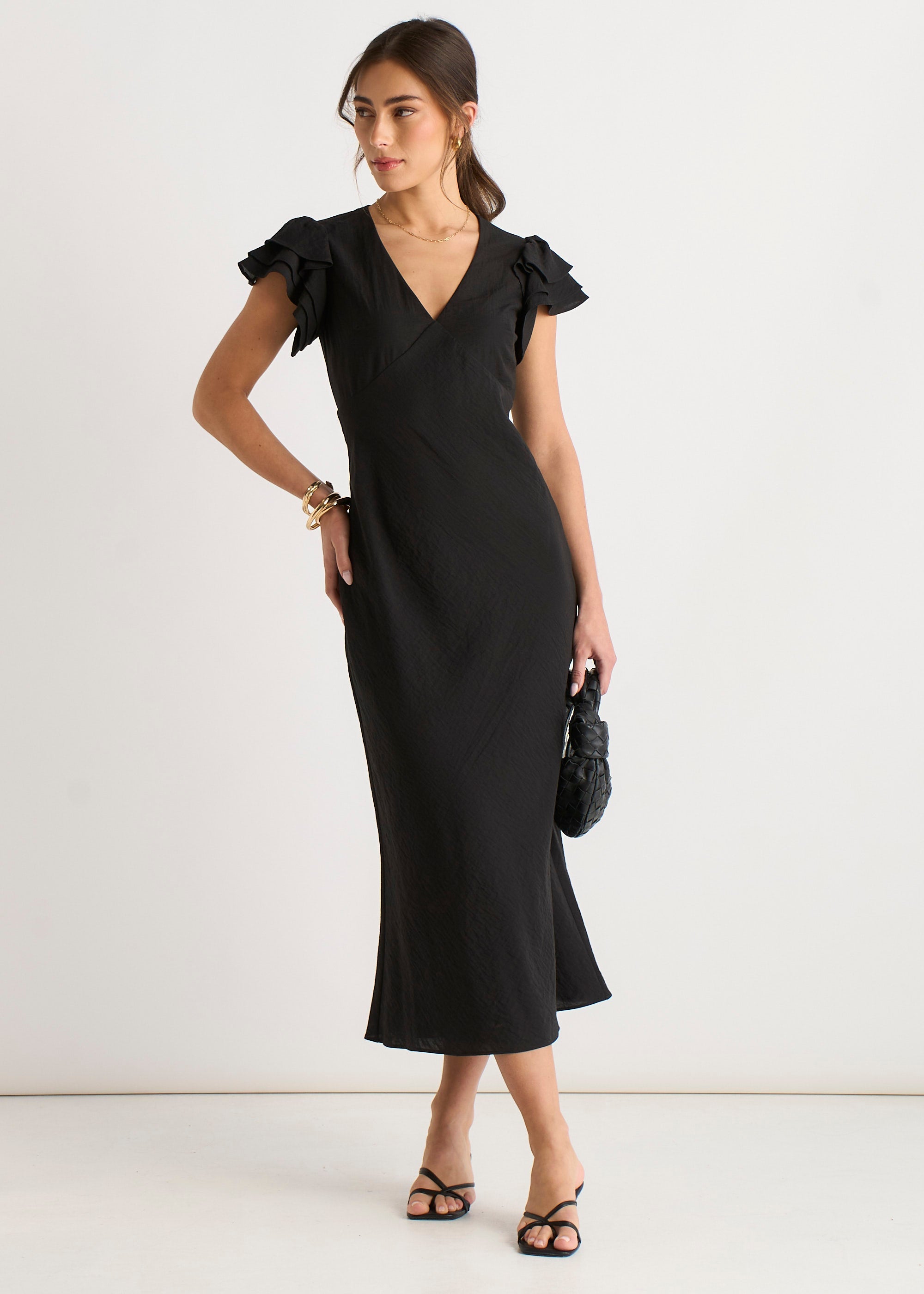 Black V Neck Soft Crinkle Finish Ruffle Bias Midi Dress