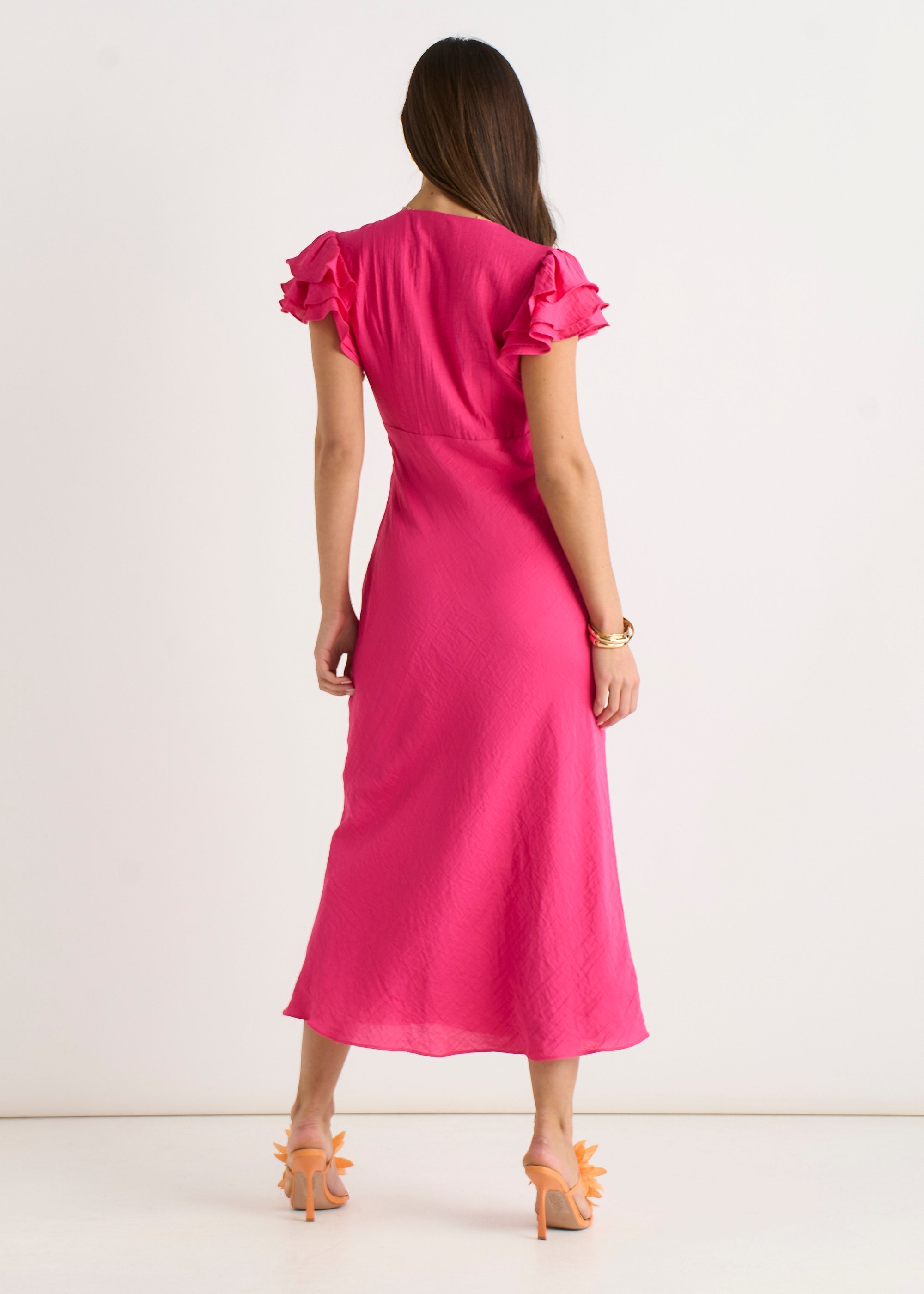 Pink V Neck Soft Crinkle Finish Ruffle Bias Midi Dress