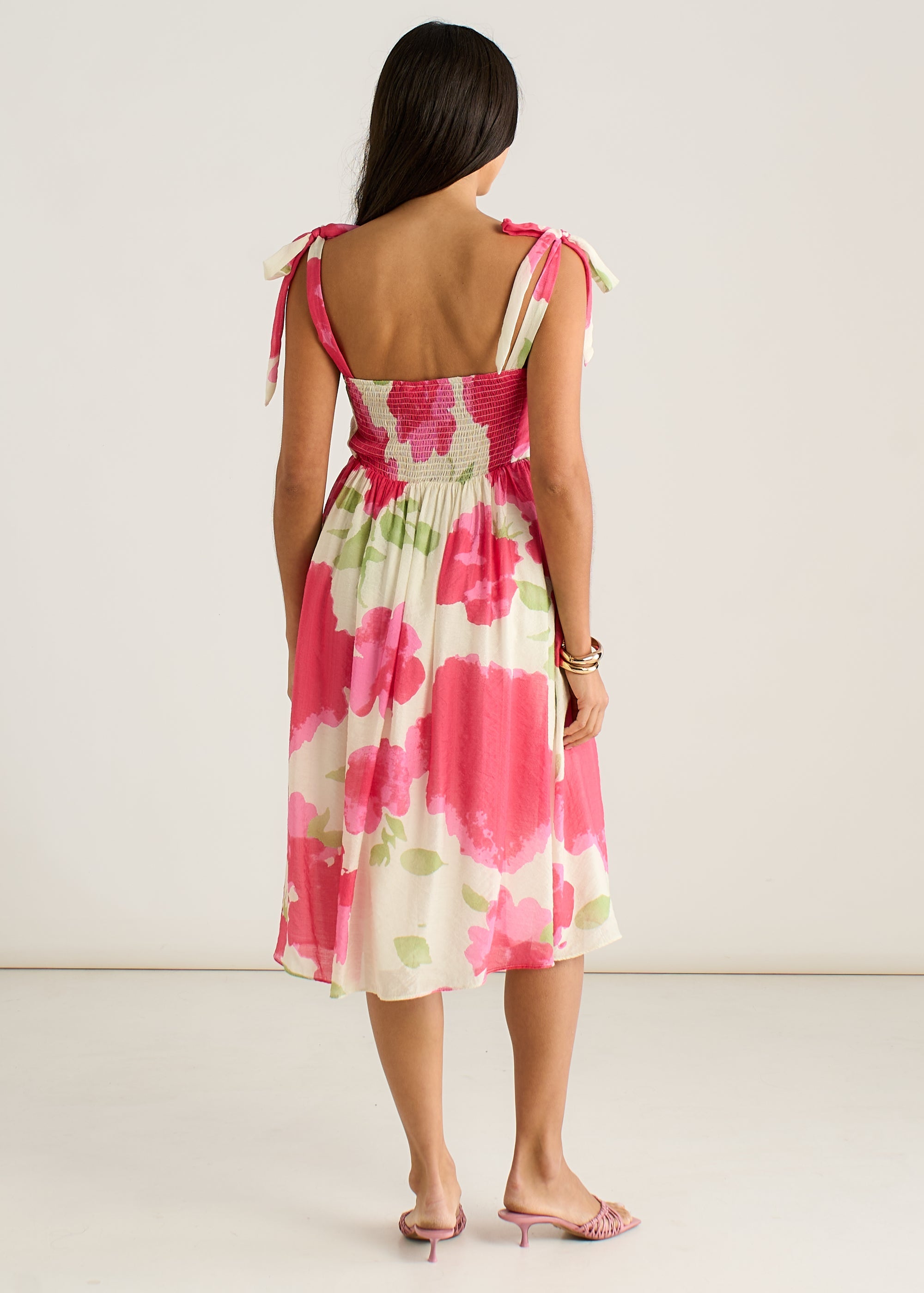 Gini London Pink Floral Tie Straps Midi Dress