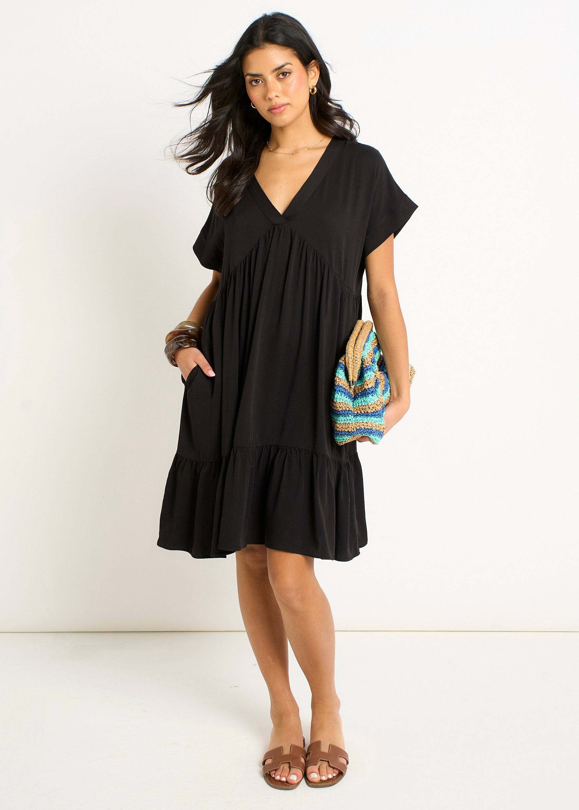 Black V Neck Tiered Mini Smock Dress
