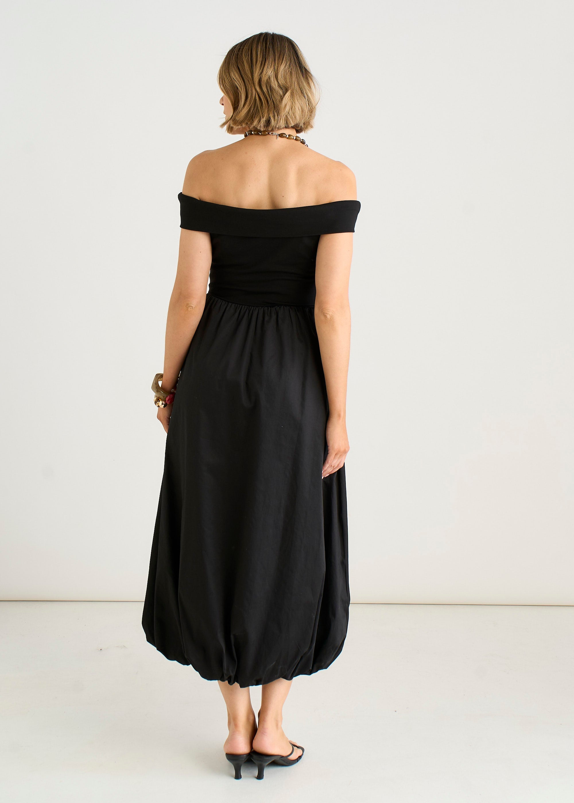 Gini London Black Bardot Jersey Mix Puff Ball Midi Dress