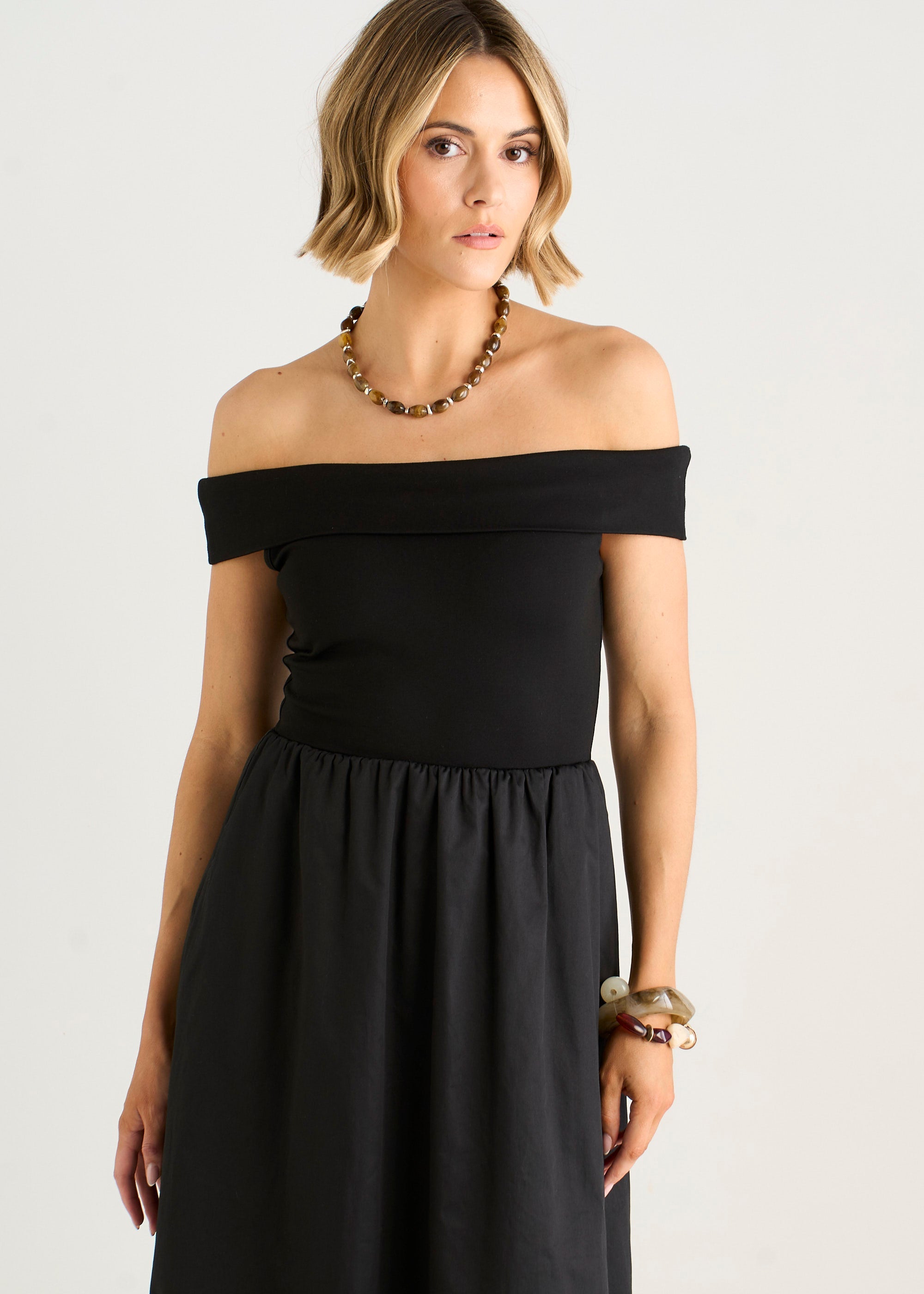 Gini London Black Bardot Jersey Mix Puff Ball Midi Dress