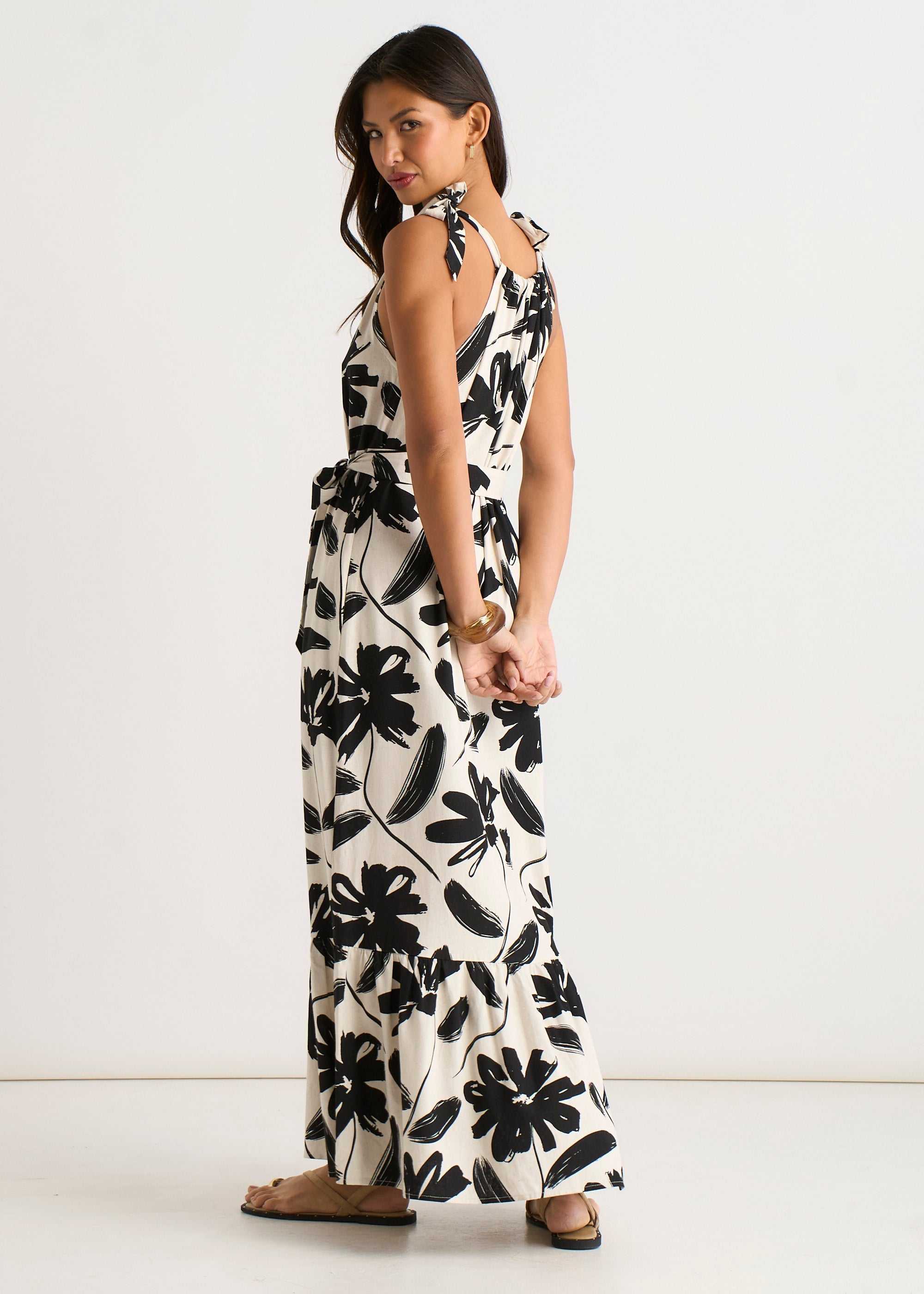 Gini London Mono Stencil Linen Mix Belted Trapeze Dress