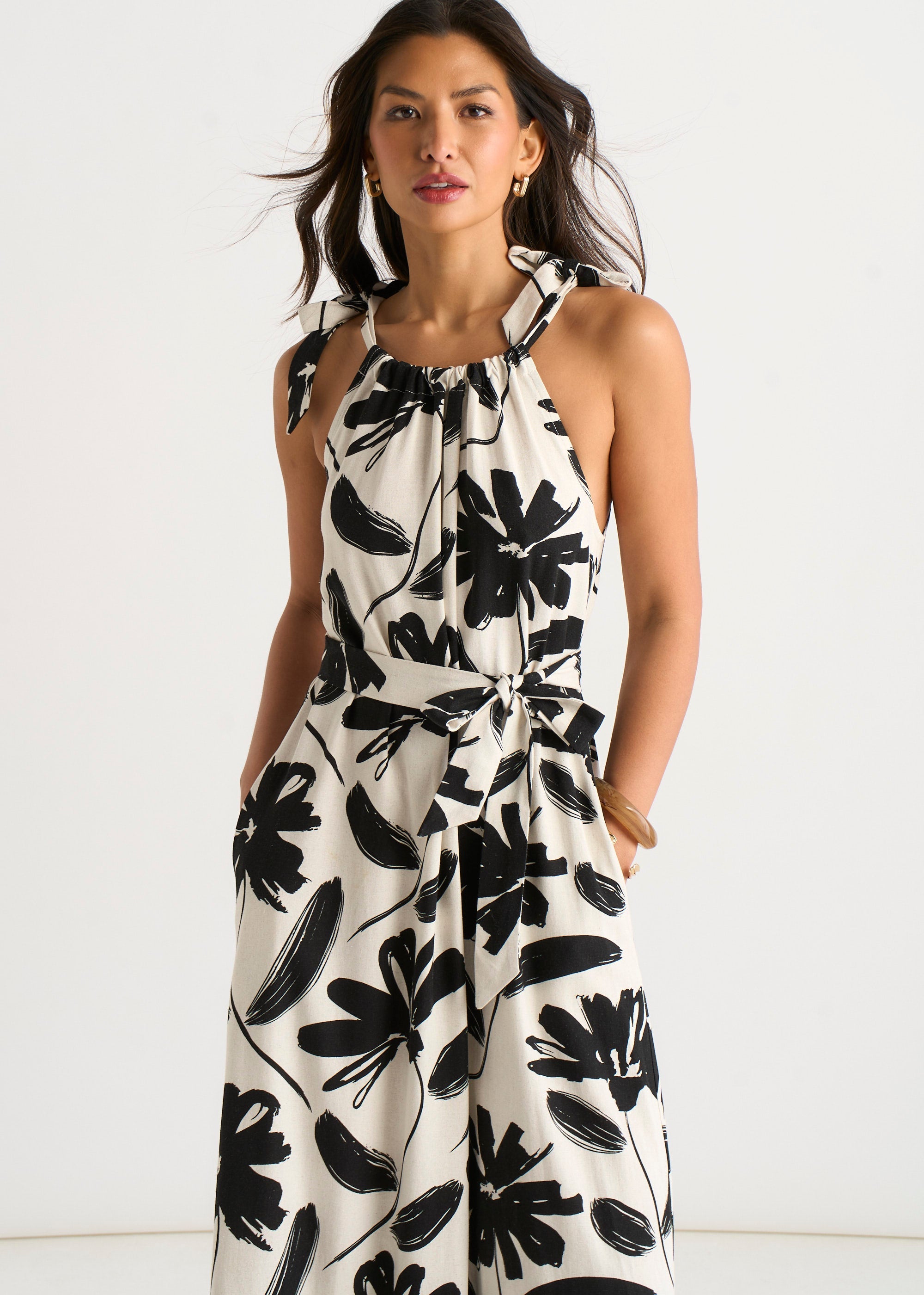 Gini London Mono Stencil Linen Mix Belted Trapeze Dress