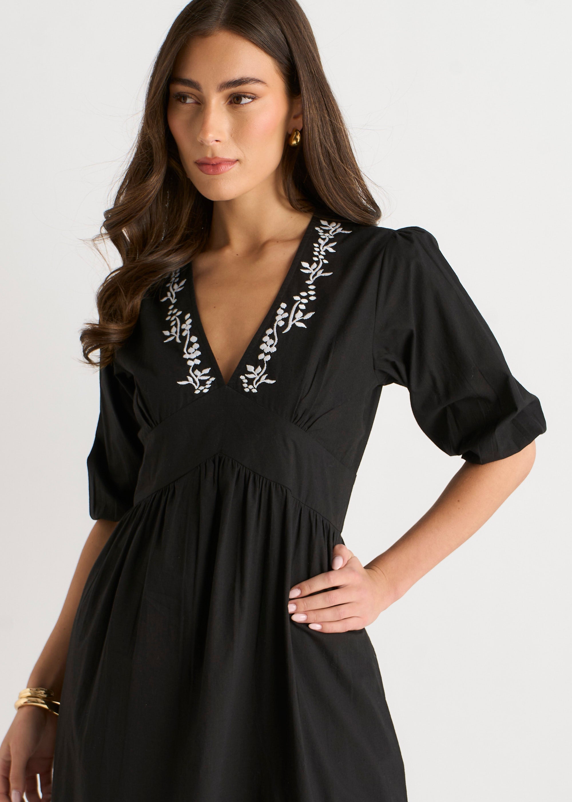 Gini London Black Puff Sleeve Cotton Embroidered Midi Dress