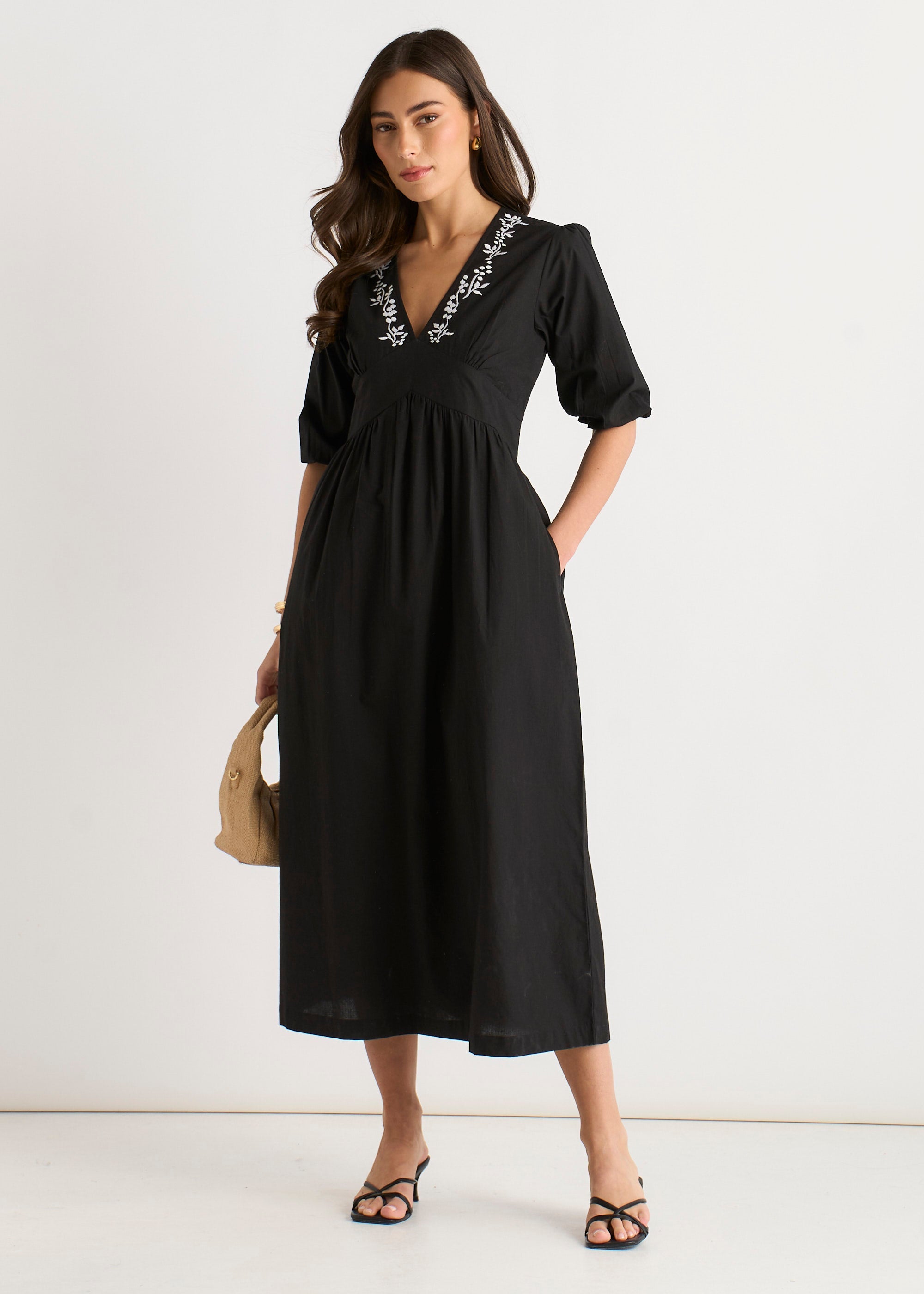 Gini London Black Puff Sleeve Cotton Embroidered Midi Dress