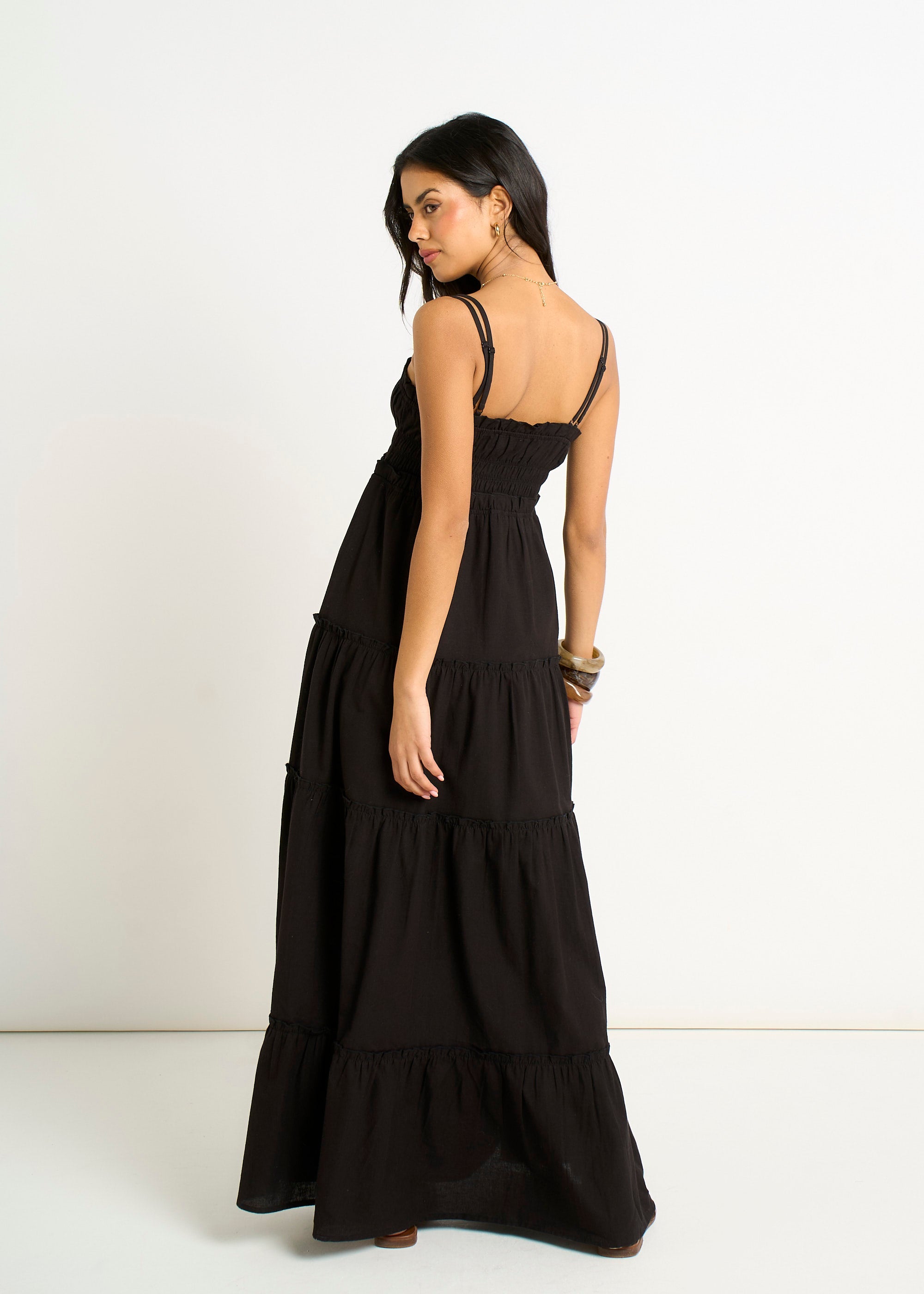 Gini London Black Cotton Shirred Strappy Flare Maxi Dress