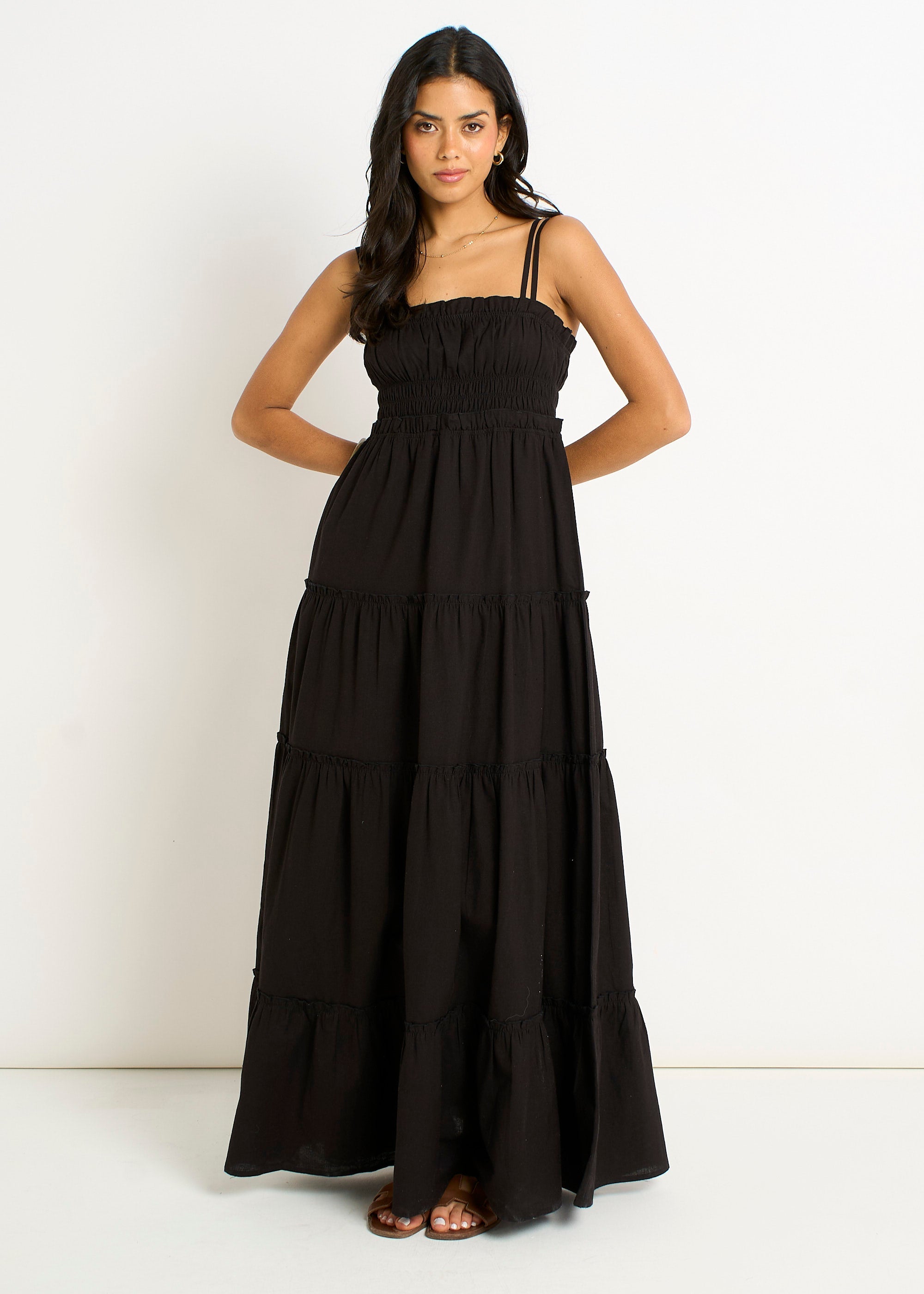 Gini London Black Cotton Shirred Strappy Flare Maxi Dress