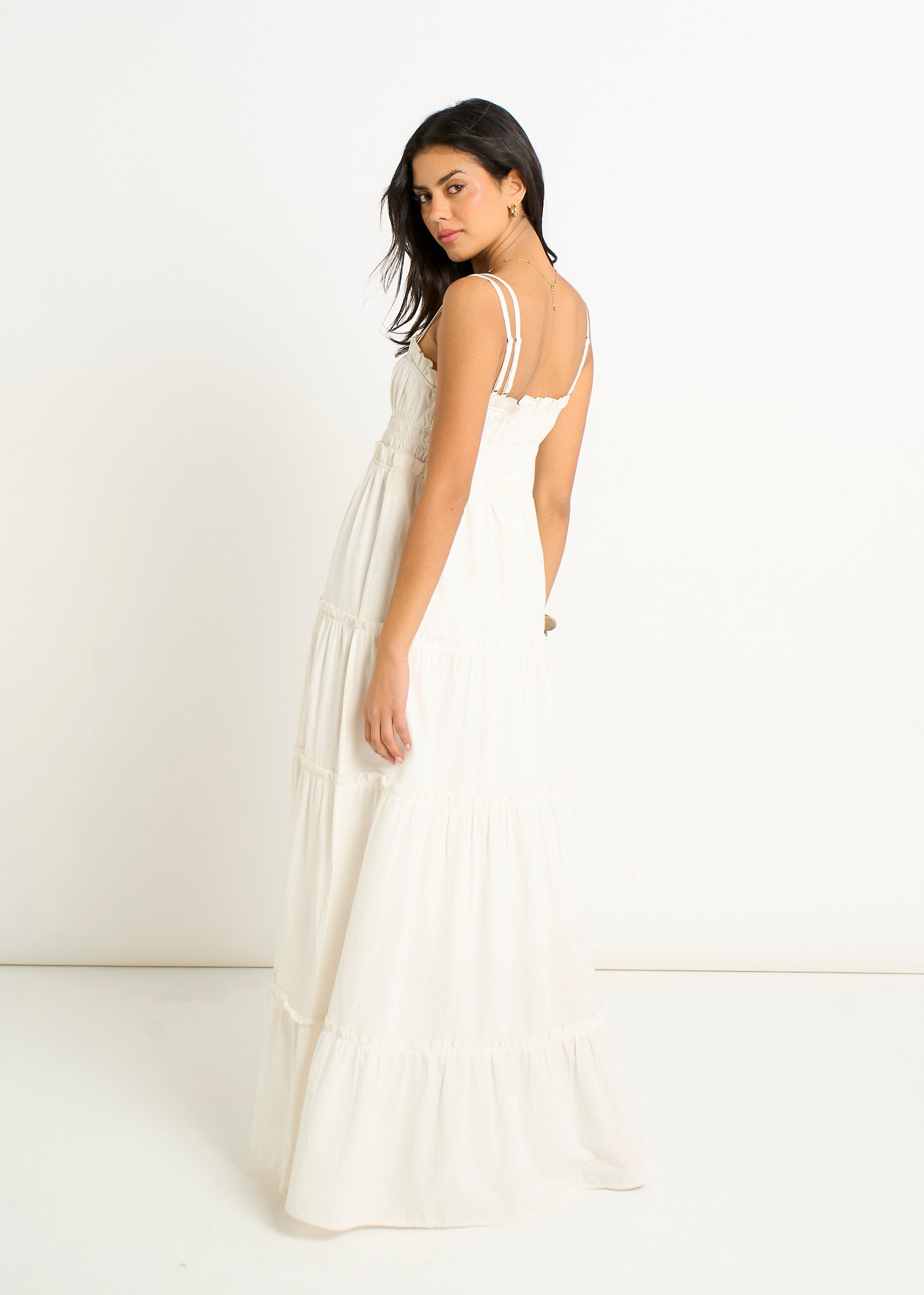 Gini London White Cotton Shirred Strappy Flare Maxi Dress