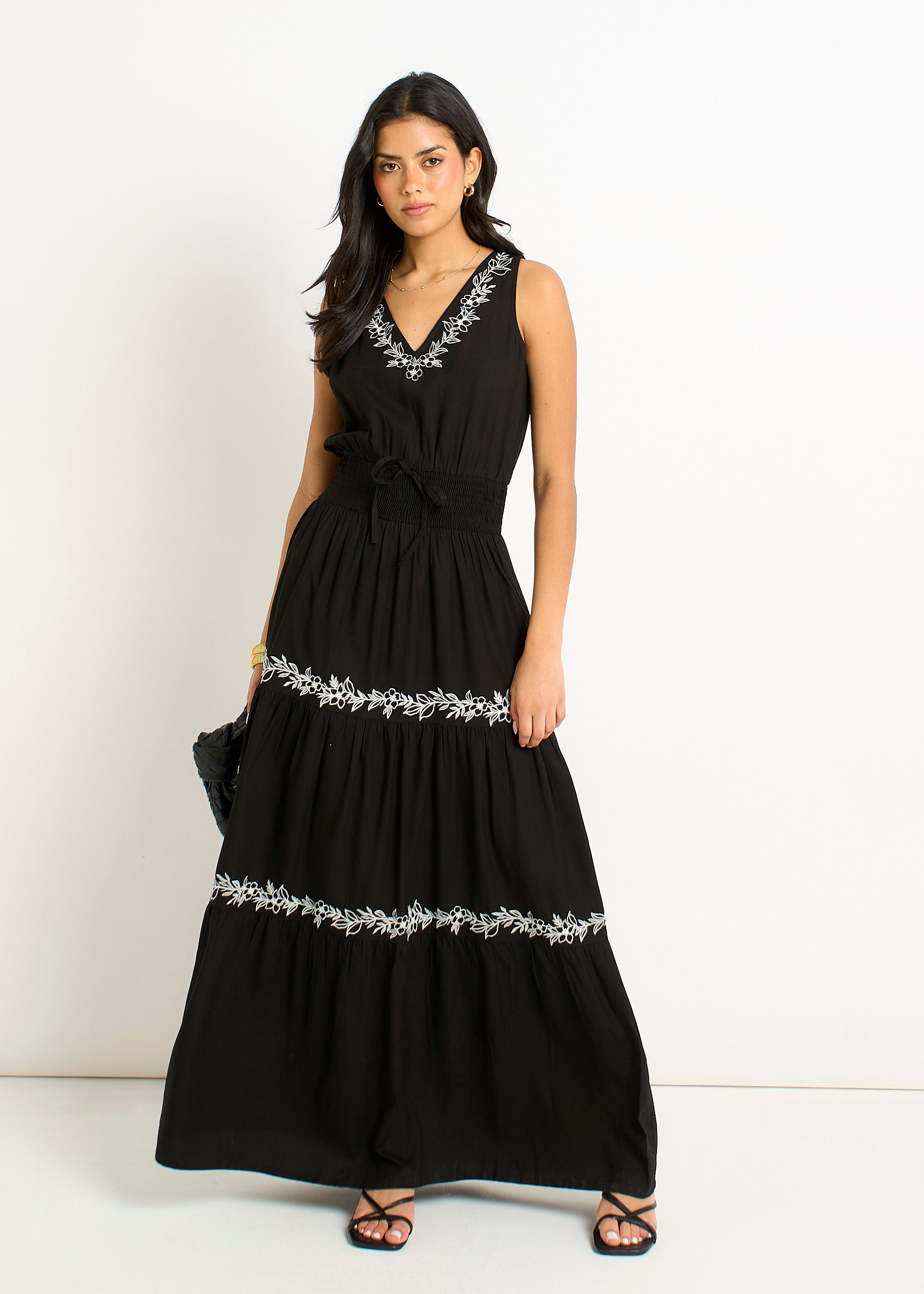 Gini London Black Floral Embroidery Tiered Maxi Dress