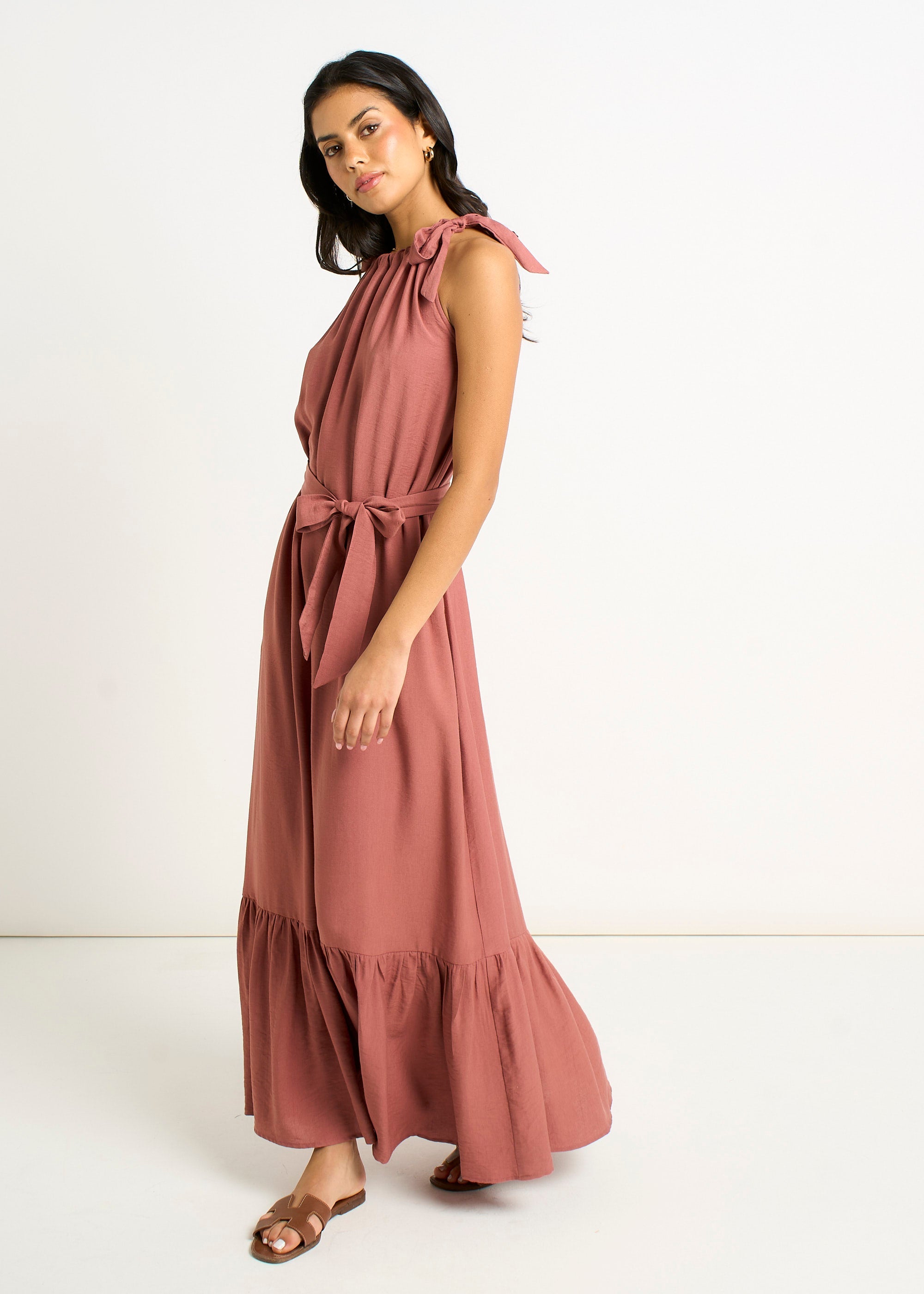Gini London Rust Tie Shoulder Trapeze Maxi Dress