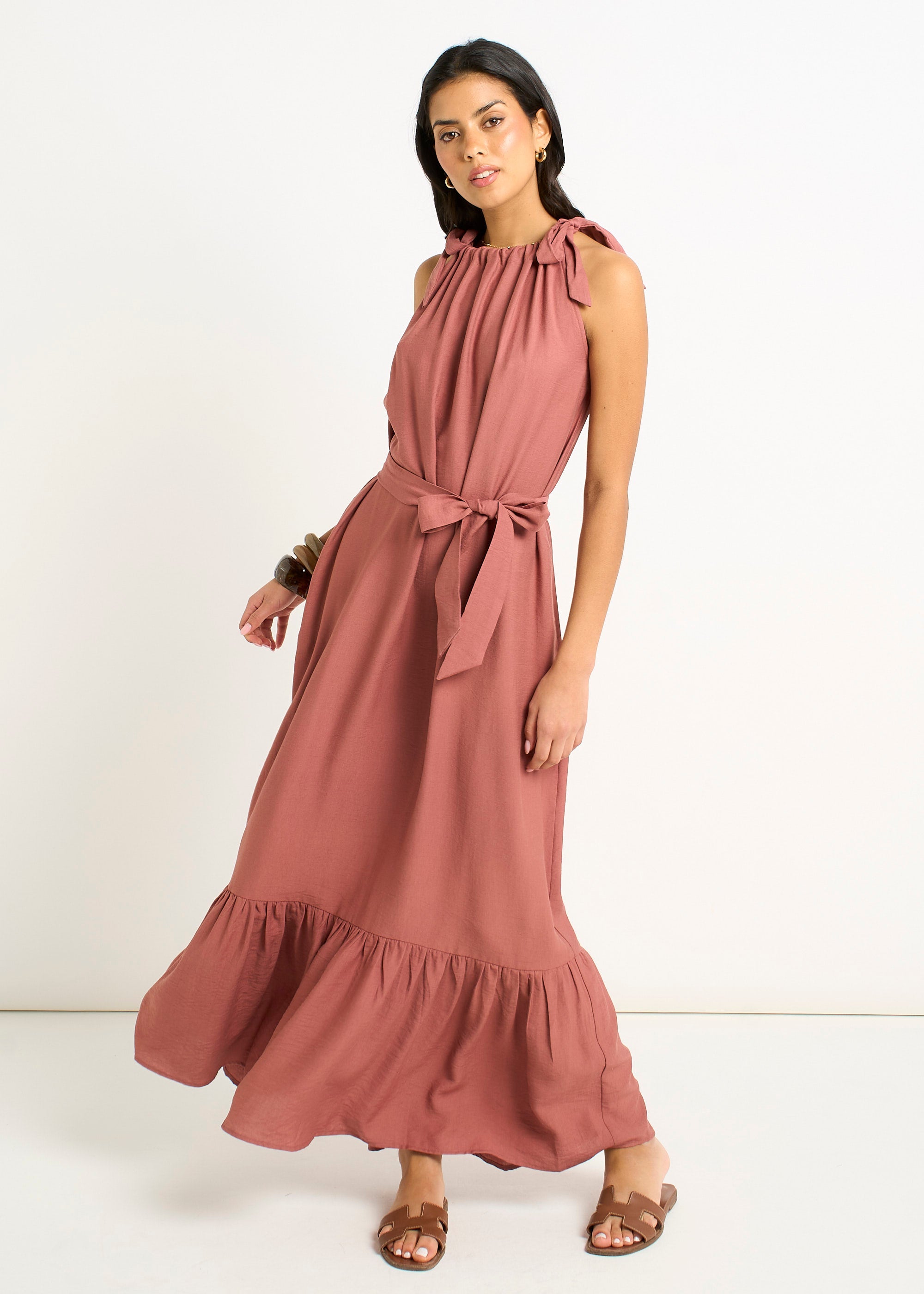 Gini London Rust Tie Shoulder Trapeze Maxi Dress