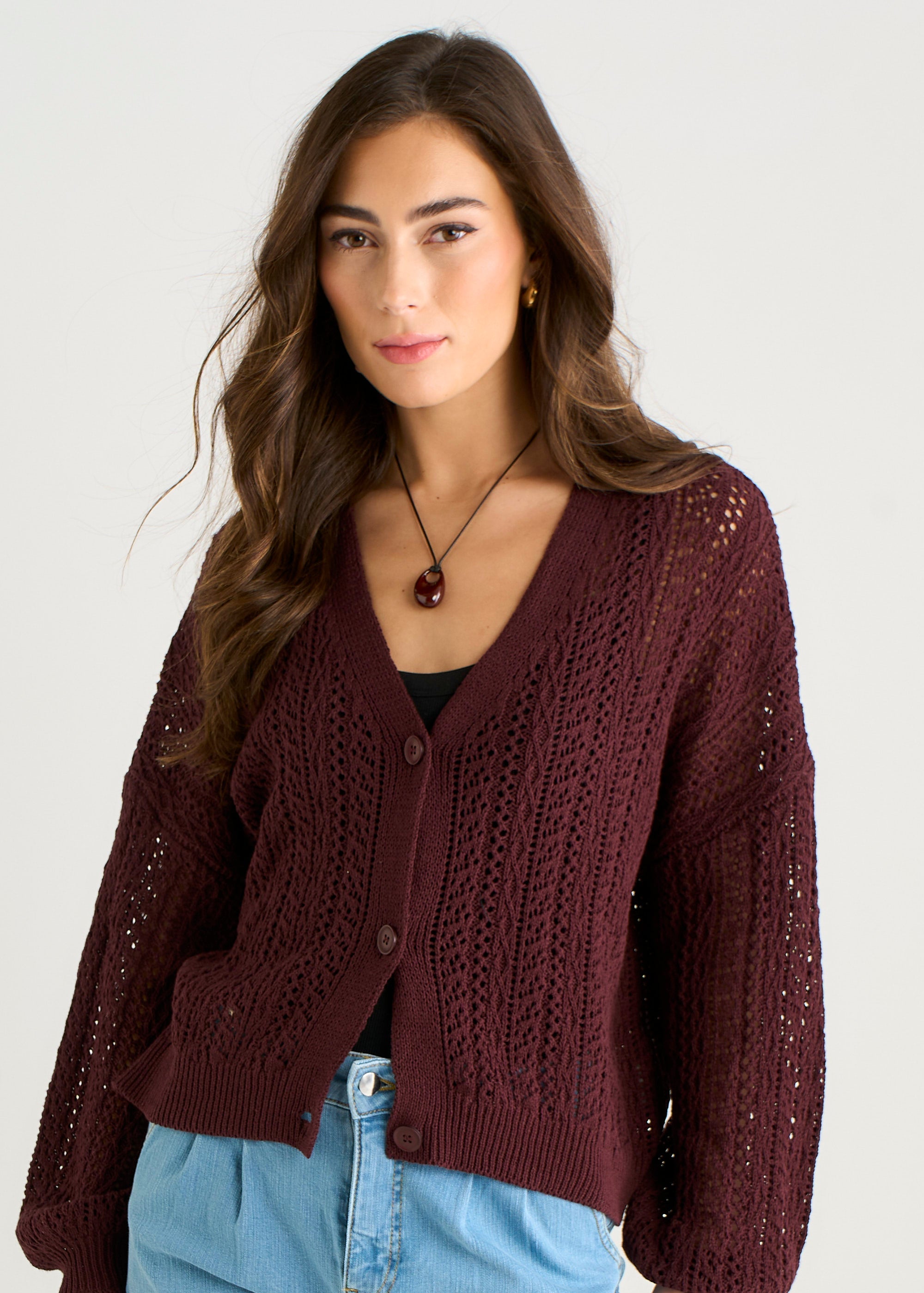 Gini London Chocolate Crochet Knit Long Sleeve Cardigan