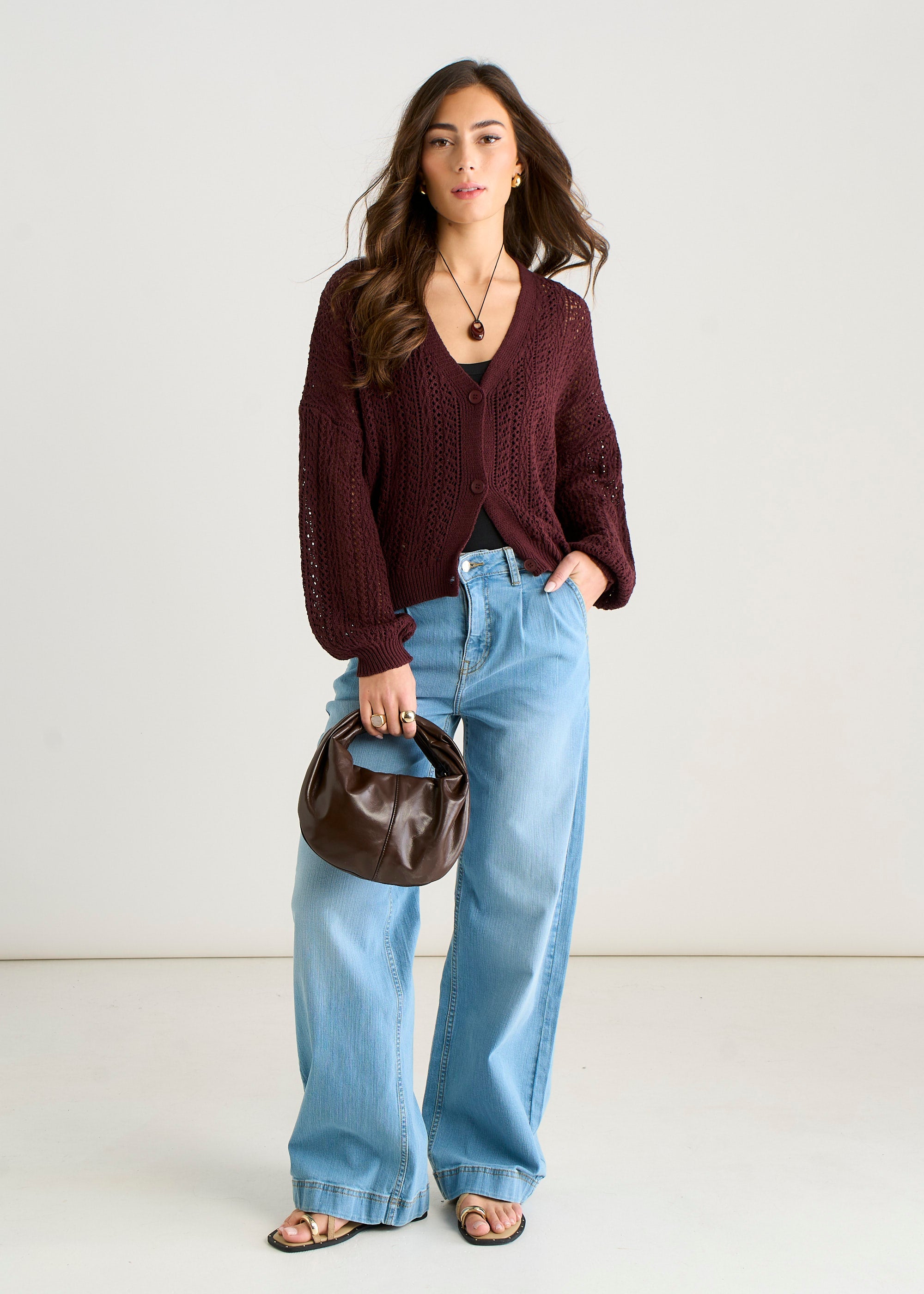 Gini London Chocolate Crochet Knit Long Sleeve Cardigan